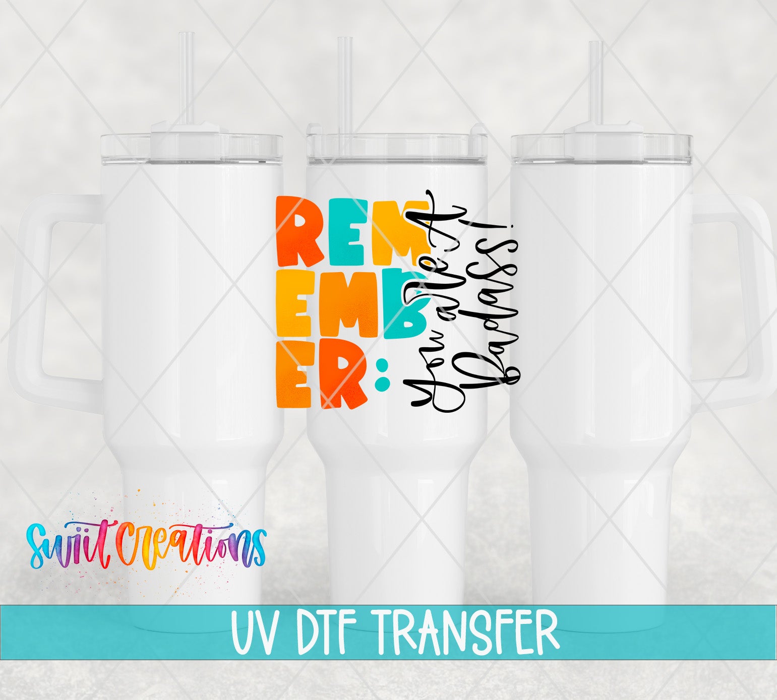 three white tumblers with a colorful text design on the front.