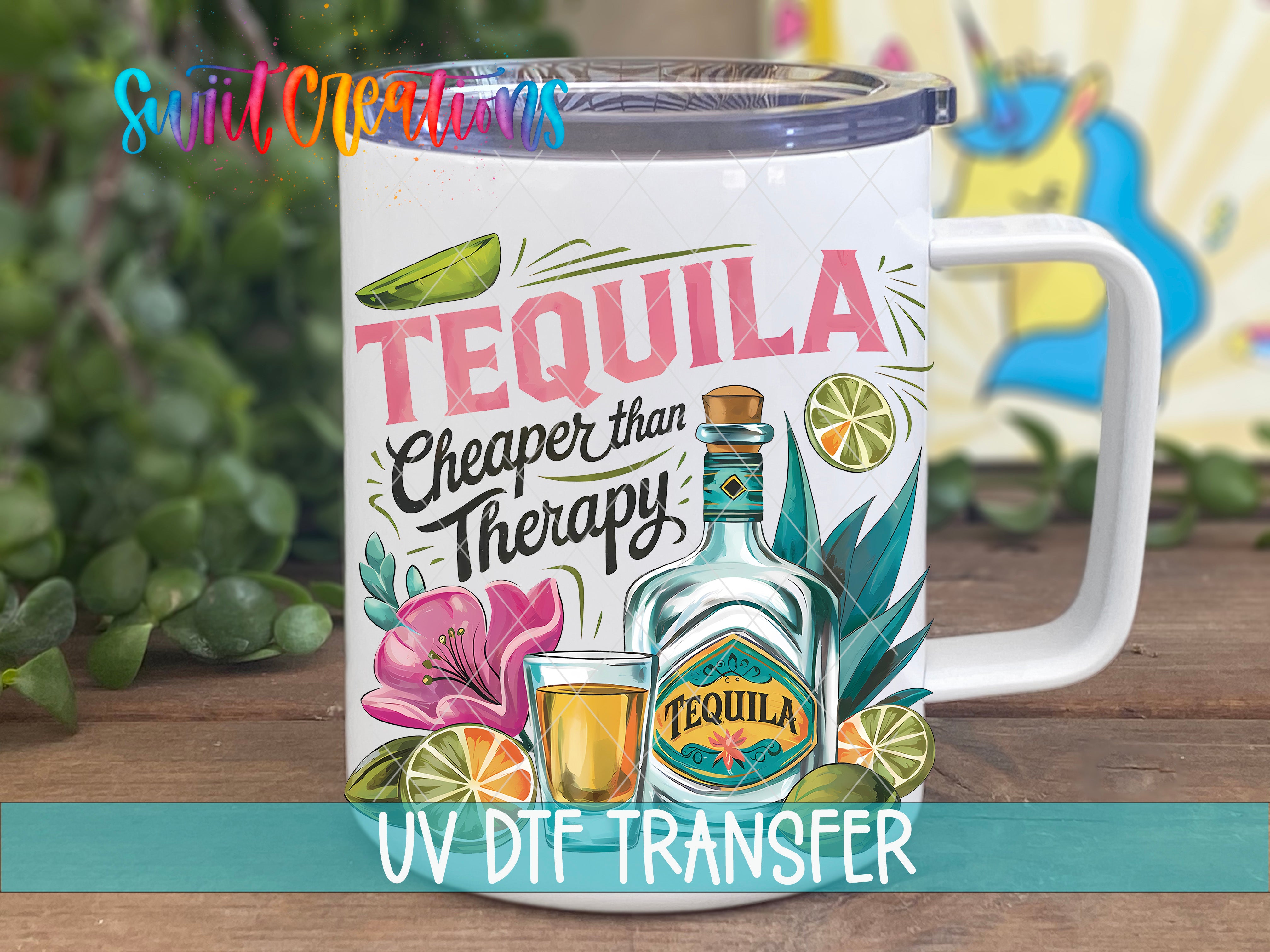 A white mug with a colorful design featuring a bottle of tequila, a glass of tequila, and various tropical elements such as flowers and leaves.