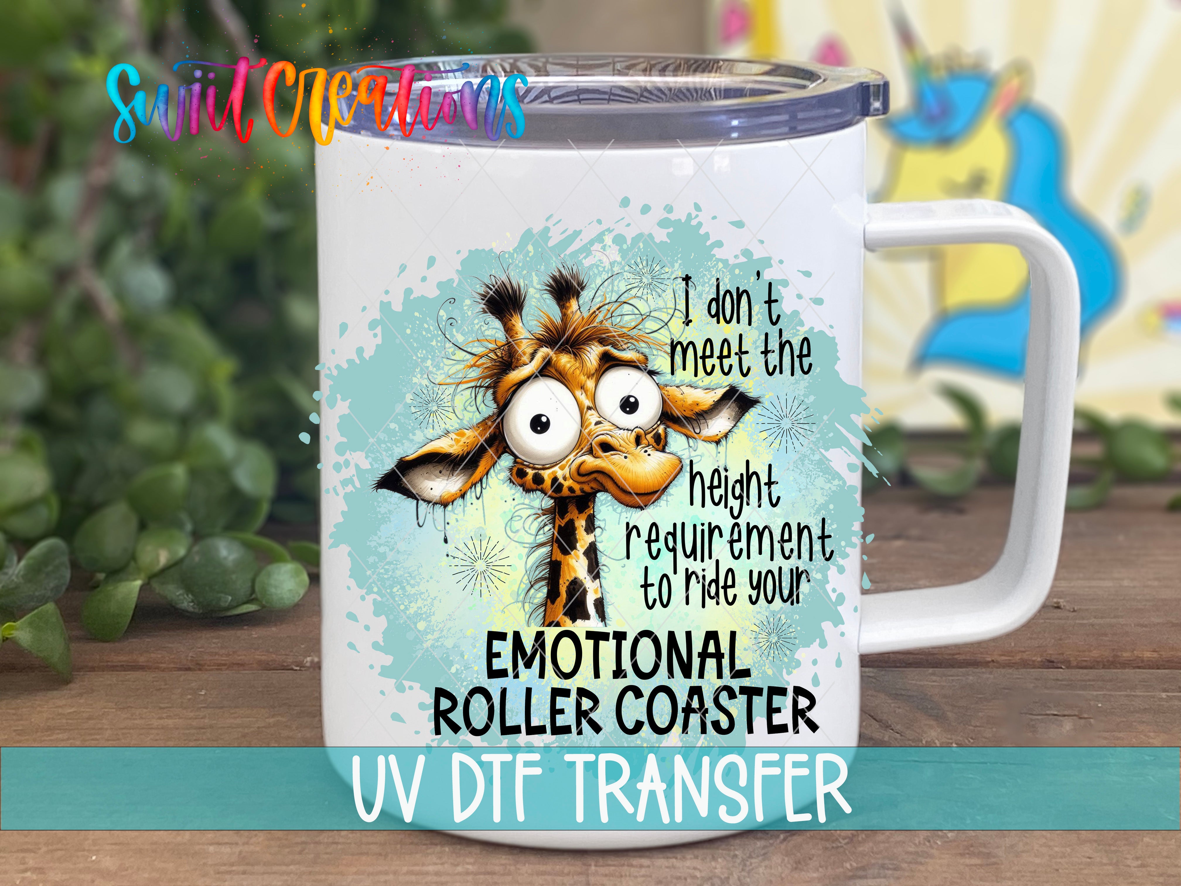 A mug with a giraffe design and text on it, placed on a wooden surface.