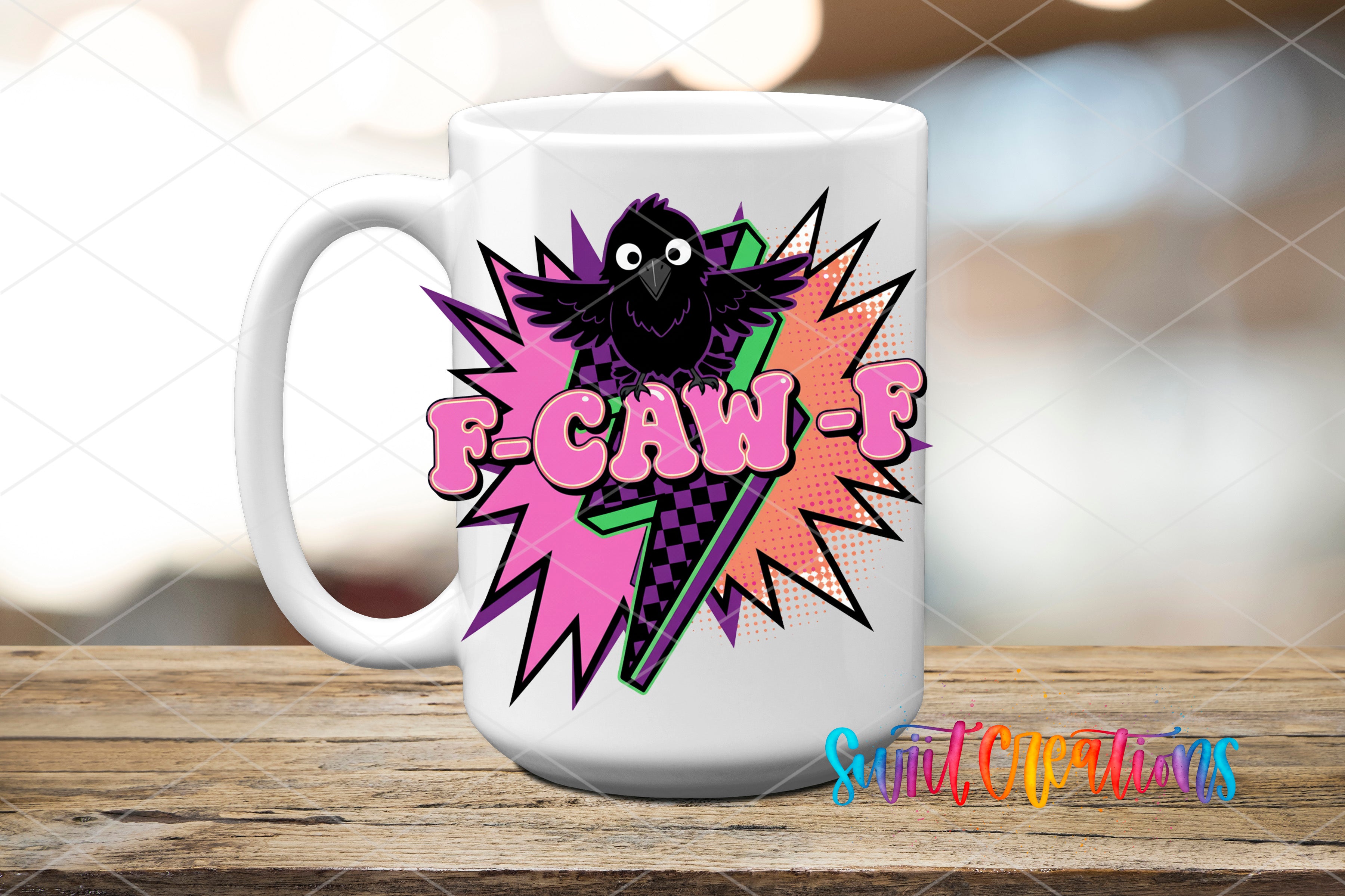 A white mug with a colorful graphic design featuring a black bird and the text "F-CAW-F" in a stylized font.