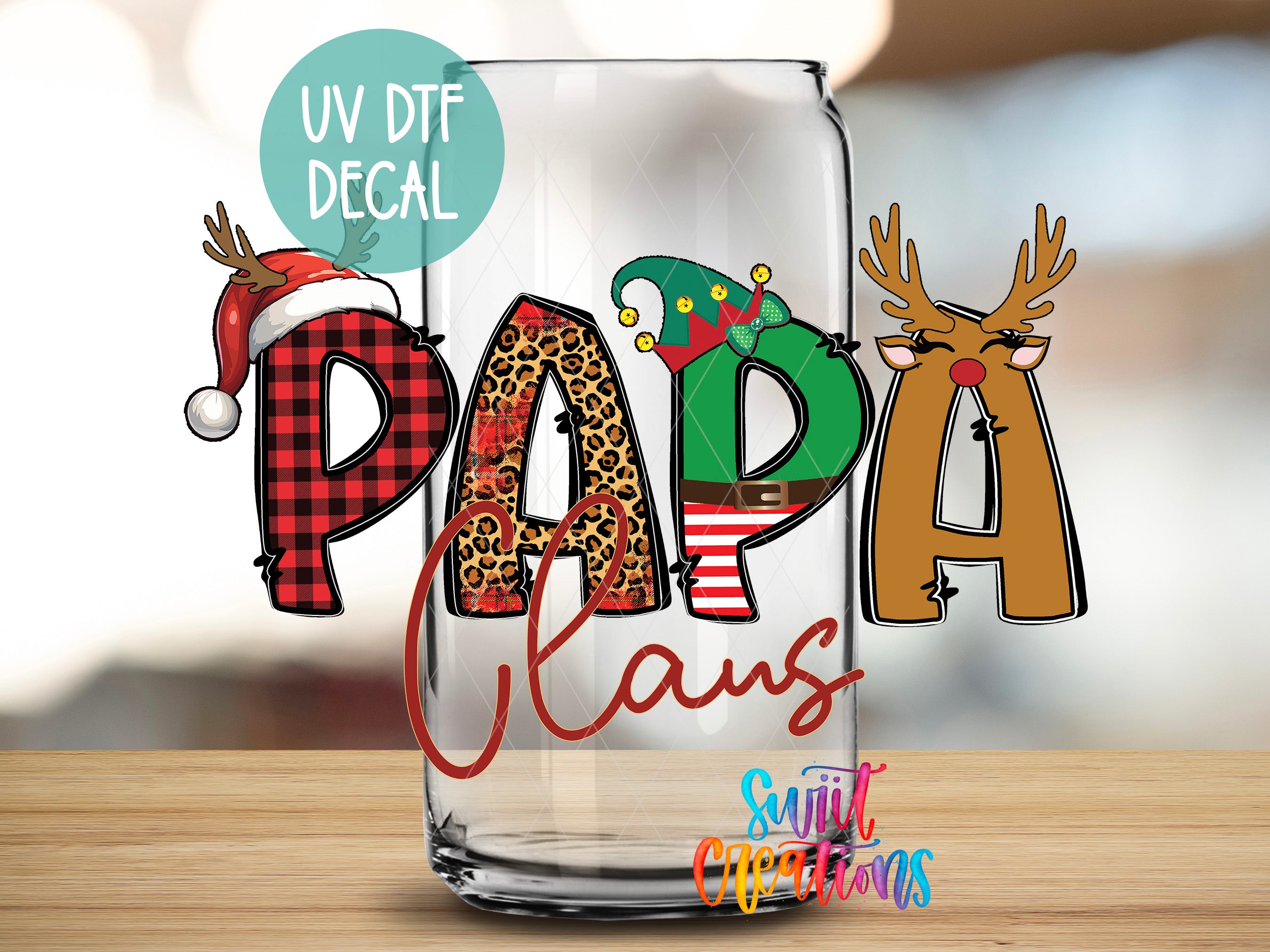 a glass with the word papa claus written on it