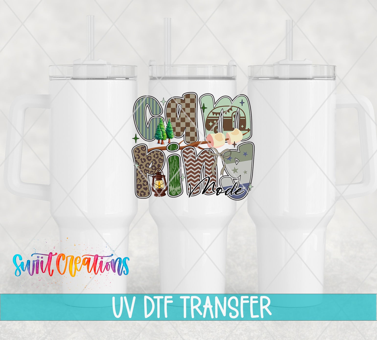 three white tumblers with a colorful, graphic design on them.