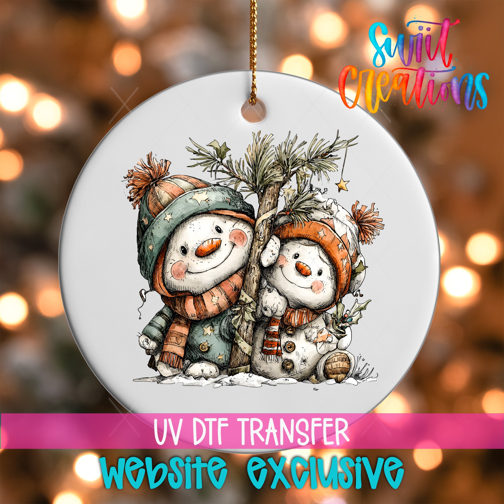 A white ornament with a snowman and a tree, featuring a UV DFT transfer of the image.