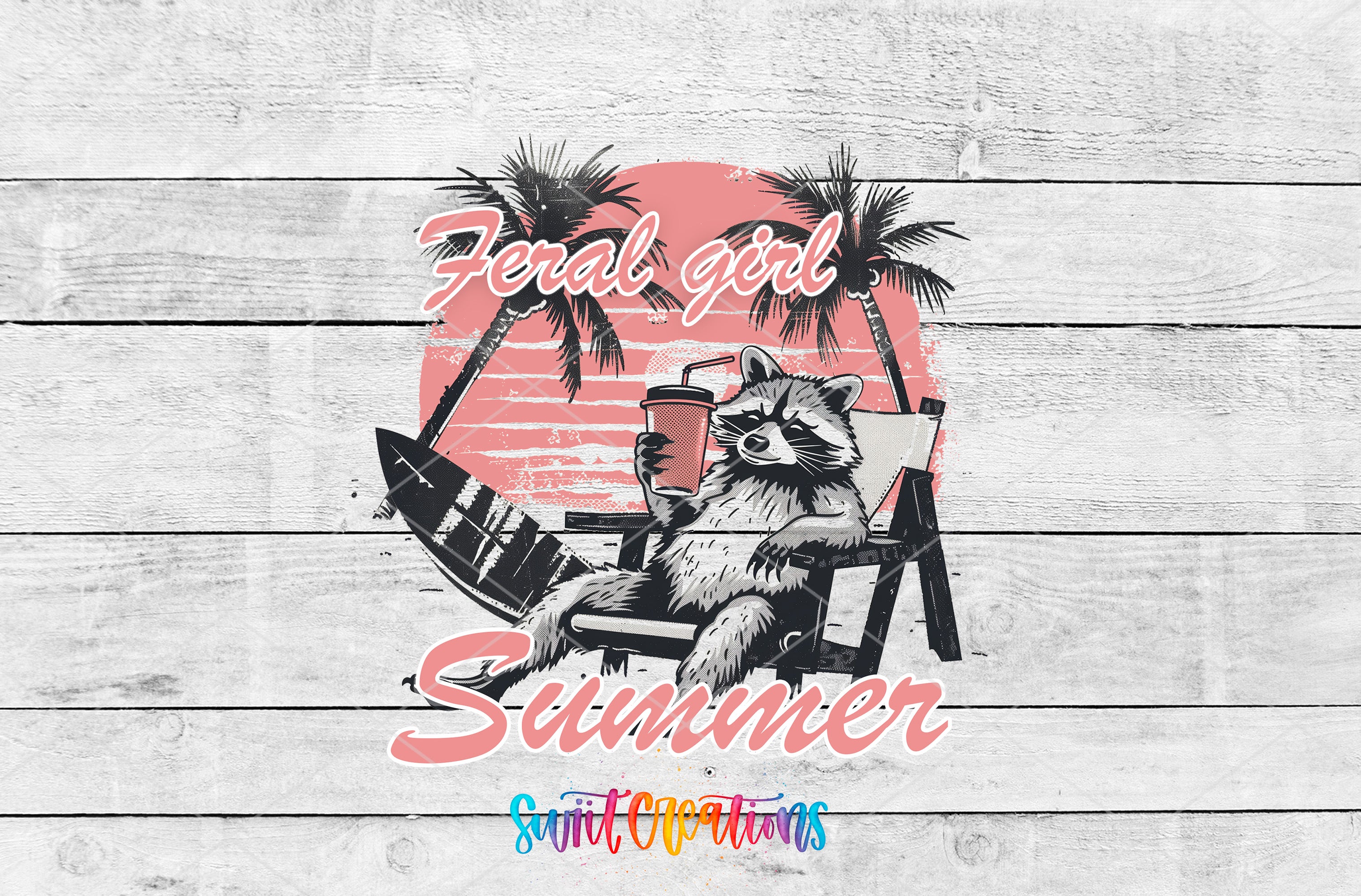 A raccoon sitting in a chair on a beach, holding a drink, with palm trees and a sunset in the background.