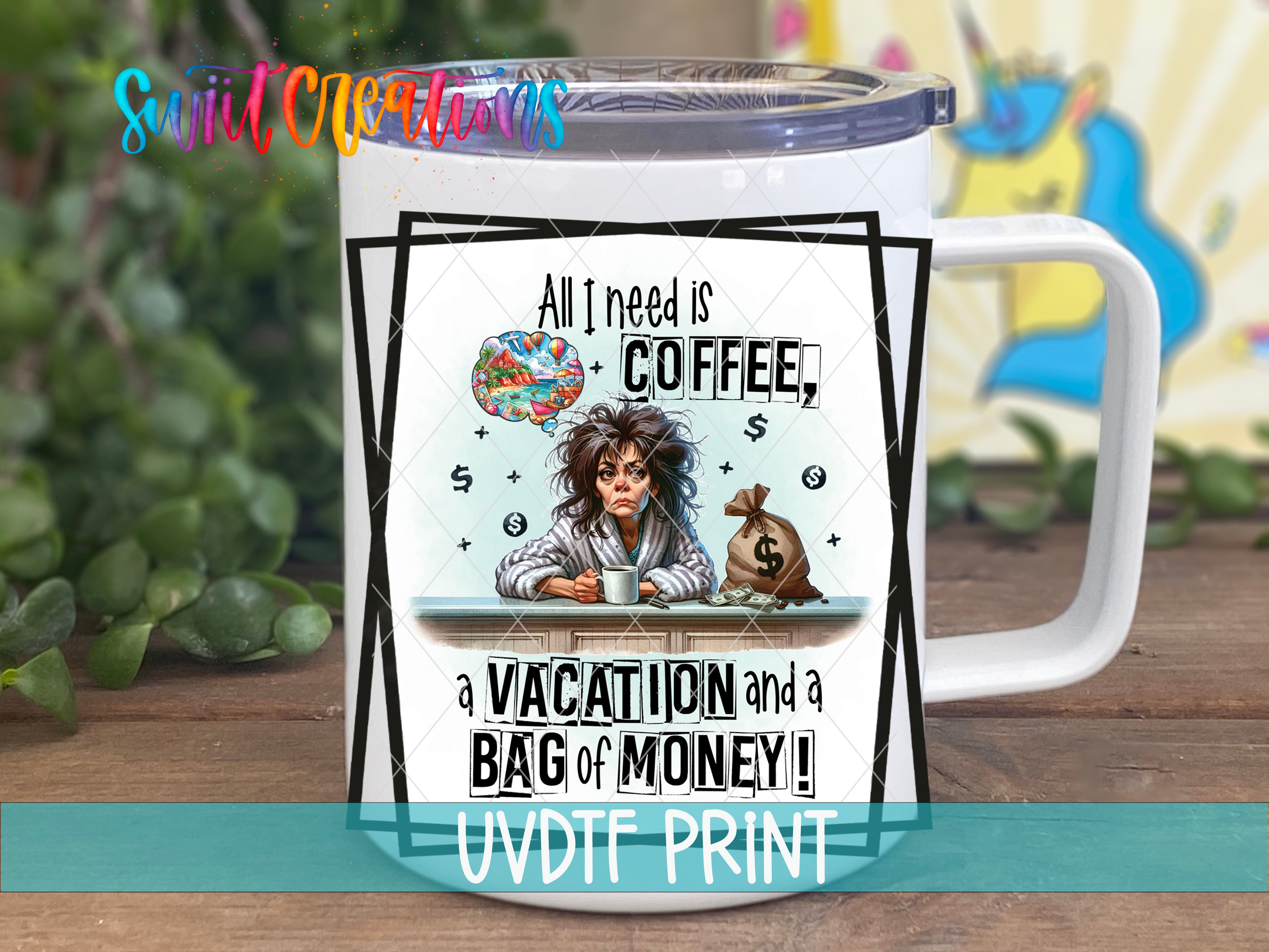 A white mug with a humorous text and illustration on it, placed on a wooden surface.