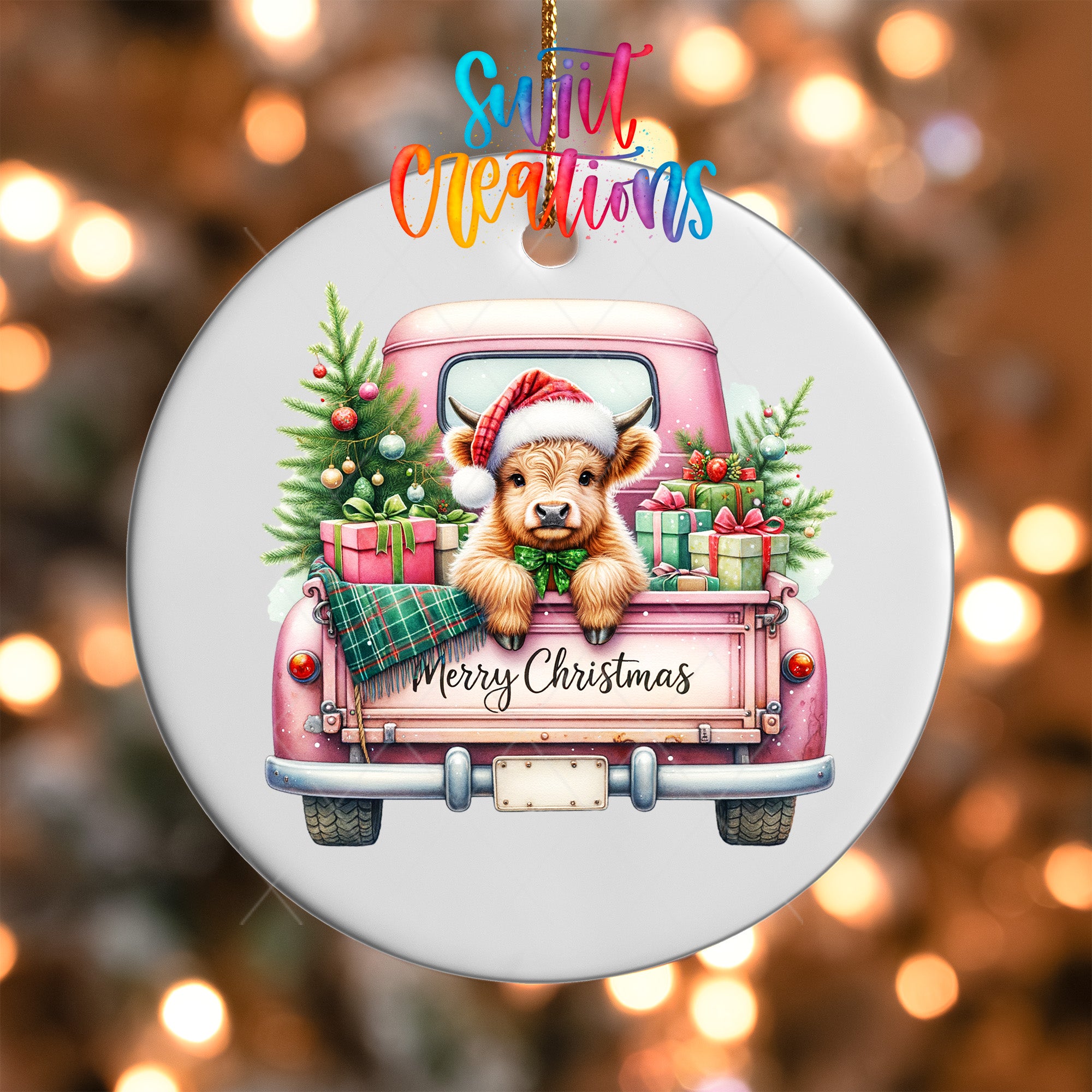A Christmas ornament featuring a dog wearing a Santa hat and sitting in the back of a pink truck, surrounded by Christmas decorations and gifts.