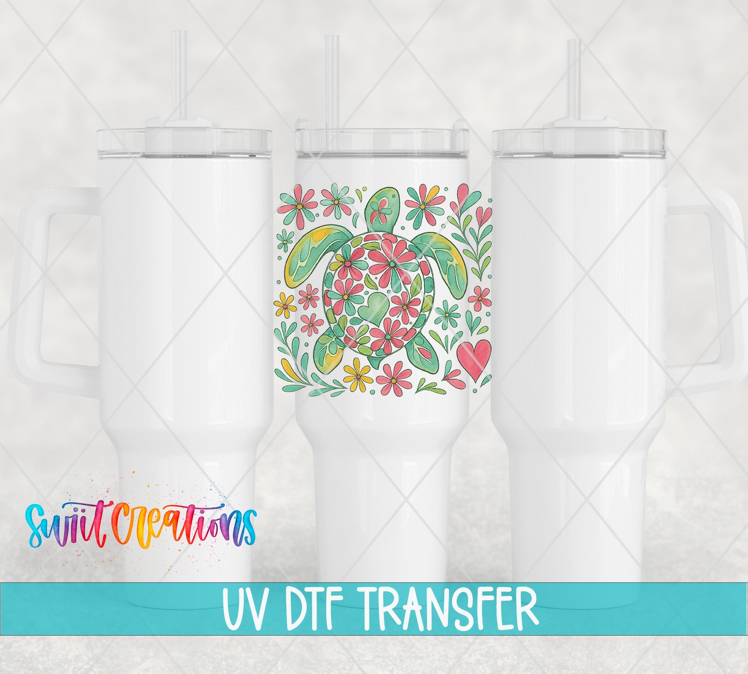 three white tumblers with a colorful turtle design and flower pattern on them, along with the text "UV Dtf Transfer" indicating that the image is a UV transfer of a design onto the tumblers.