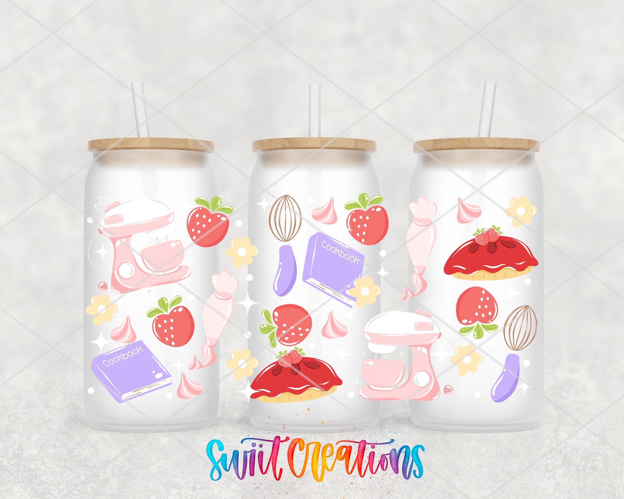 three frosted glass tumblers with various kitchen-themed illustrations and decorations, including a mixer, strawberries, and other food items.