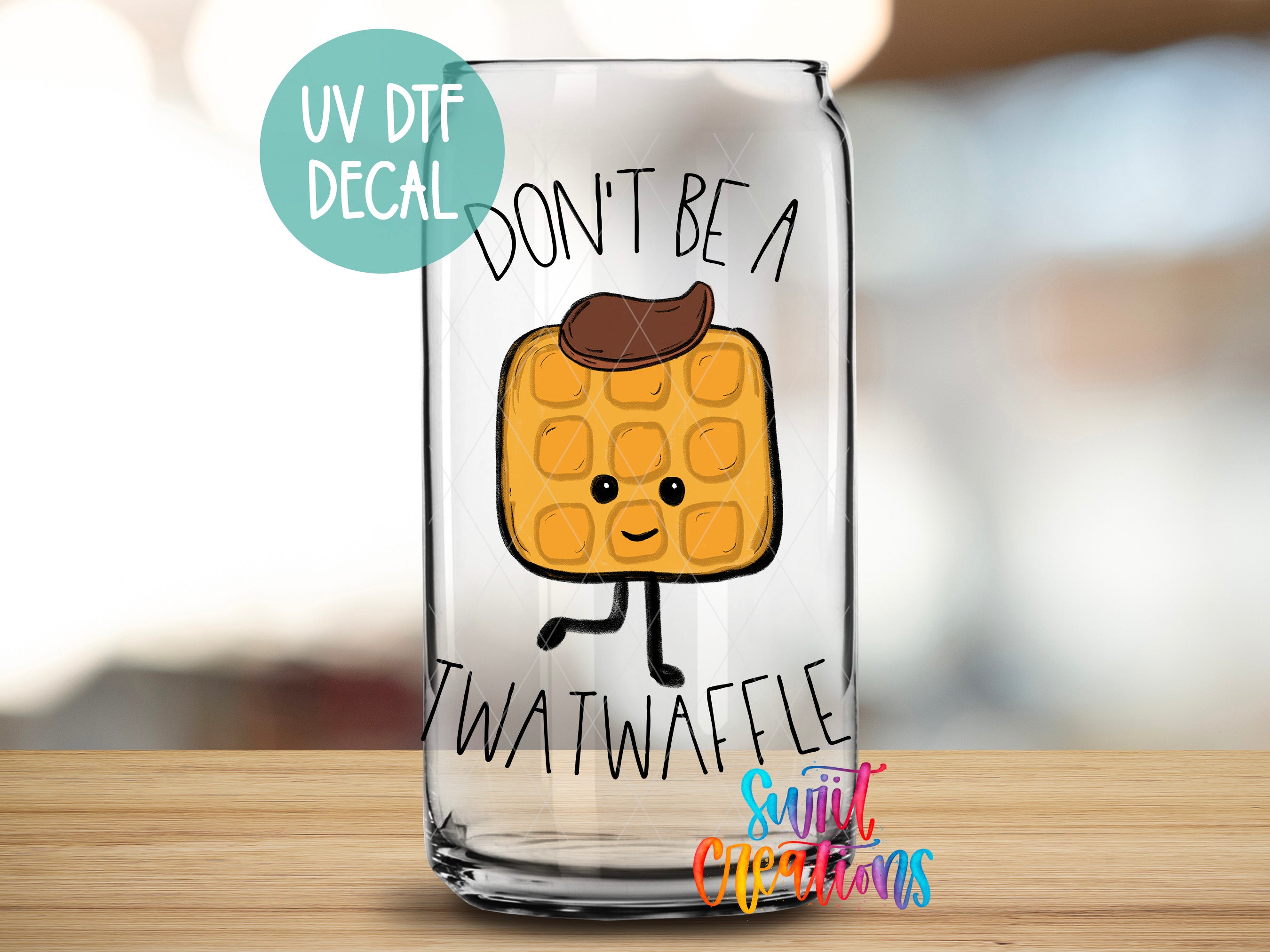 a glass with a picture of a waffle on it