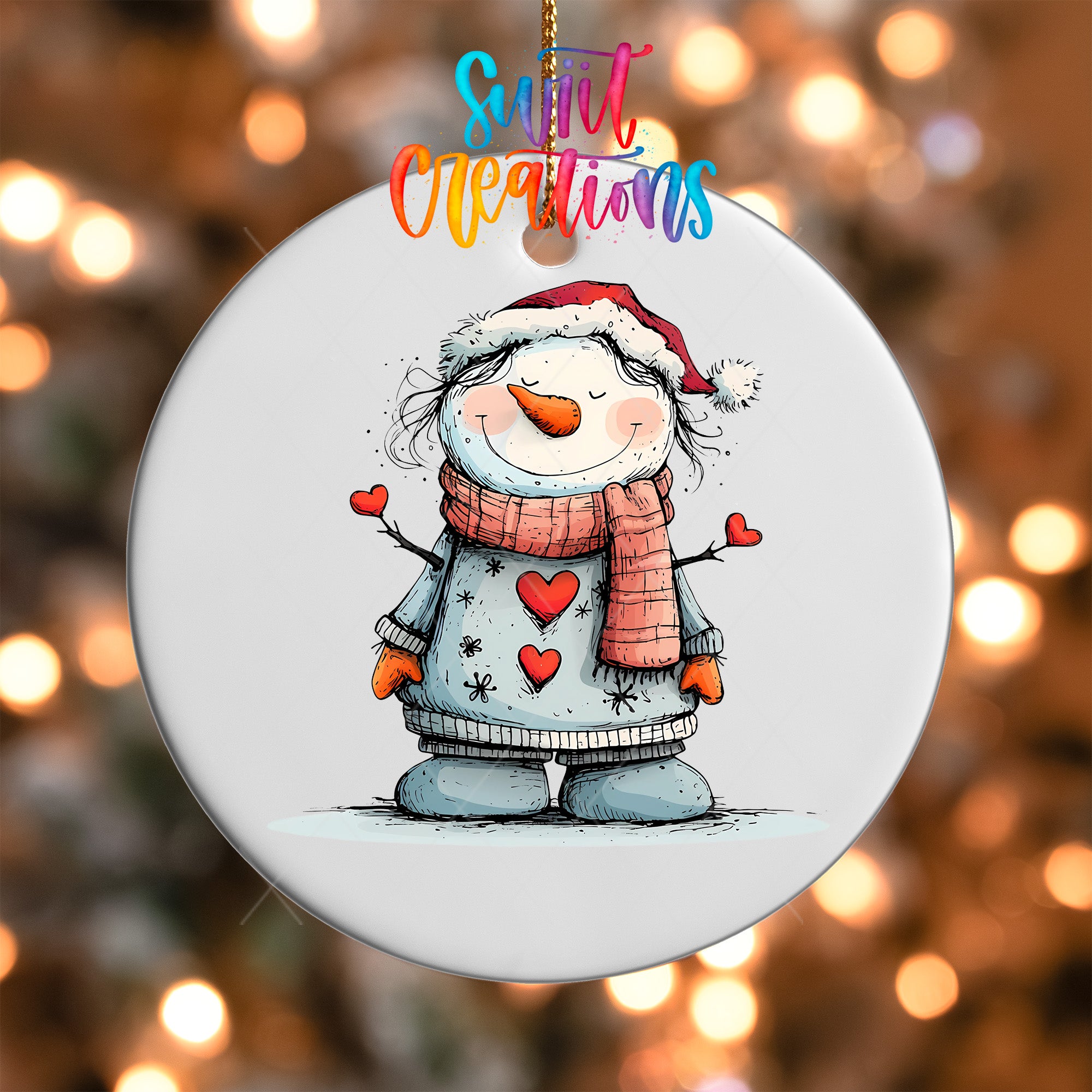 A snowman ornament with a red scarf and a heart-shaped scarf around its neck, wearing a blue sweater with white stars and hearts.