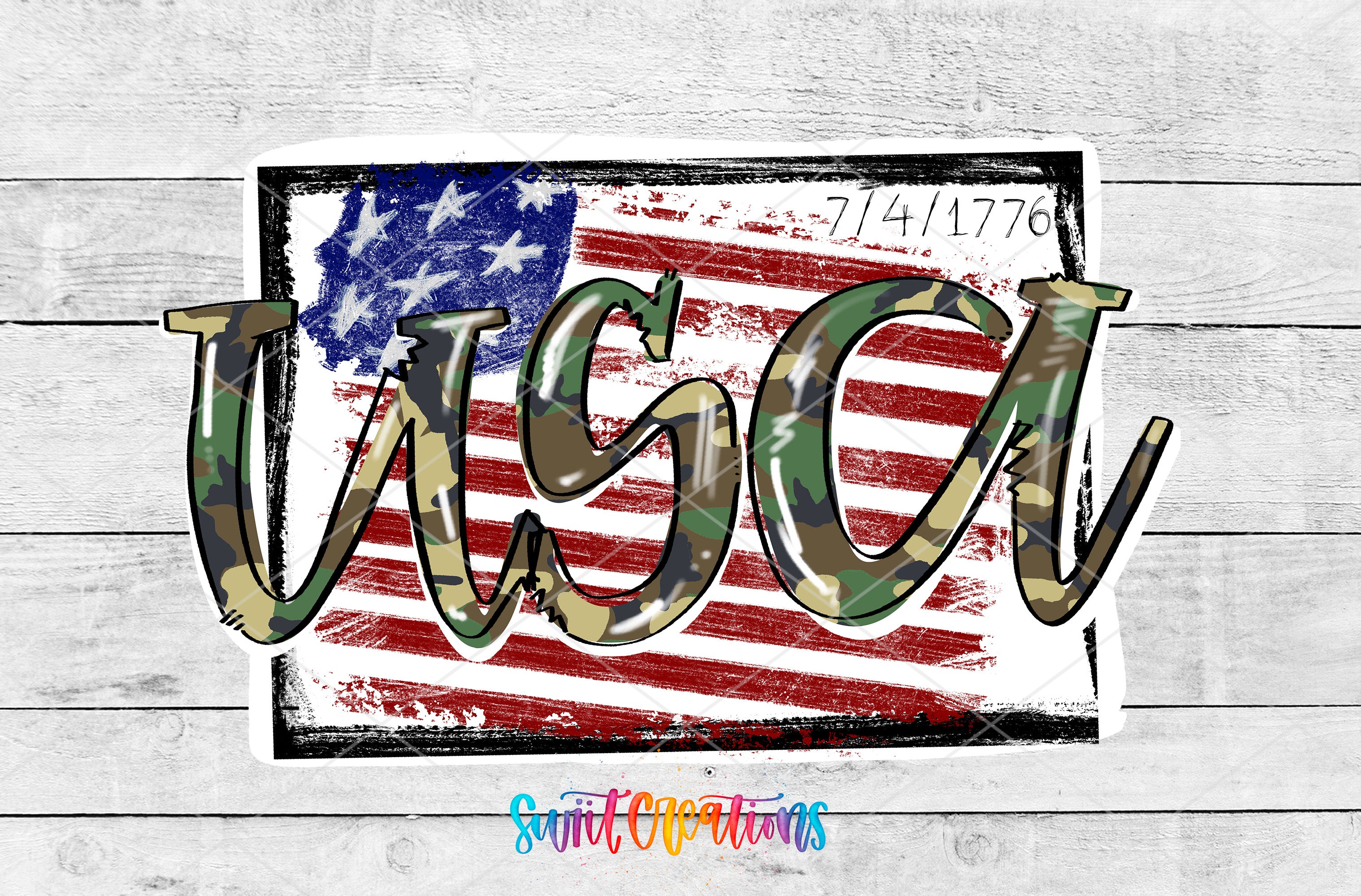 A stylized image featuring the word "USA" in a camouflage pattern, with an American flag in the background.