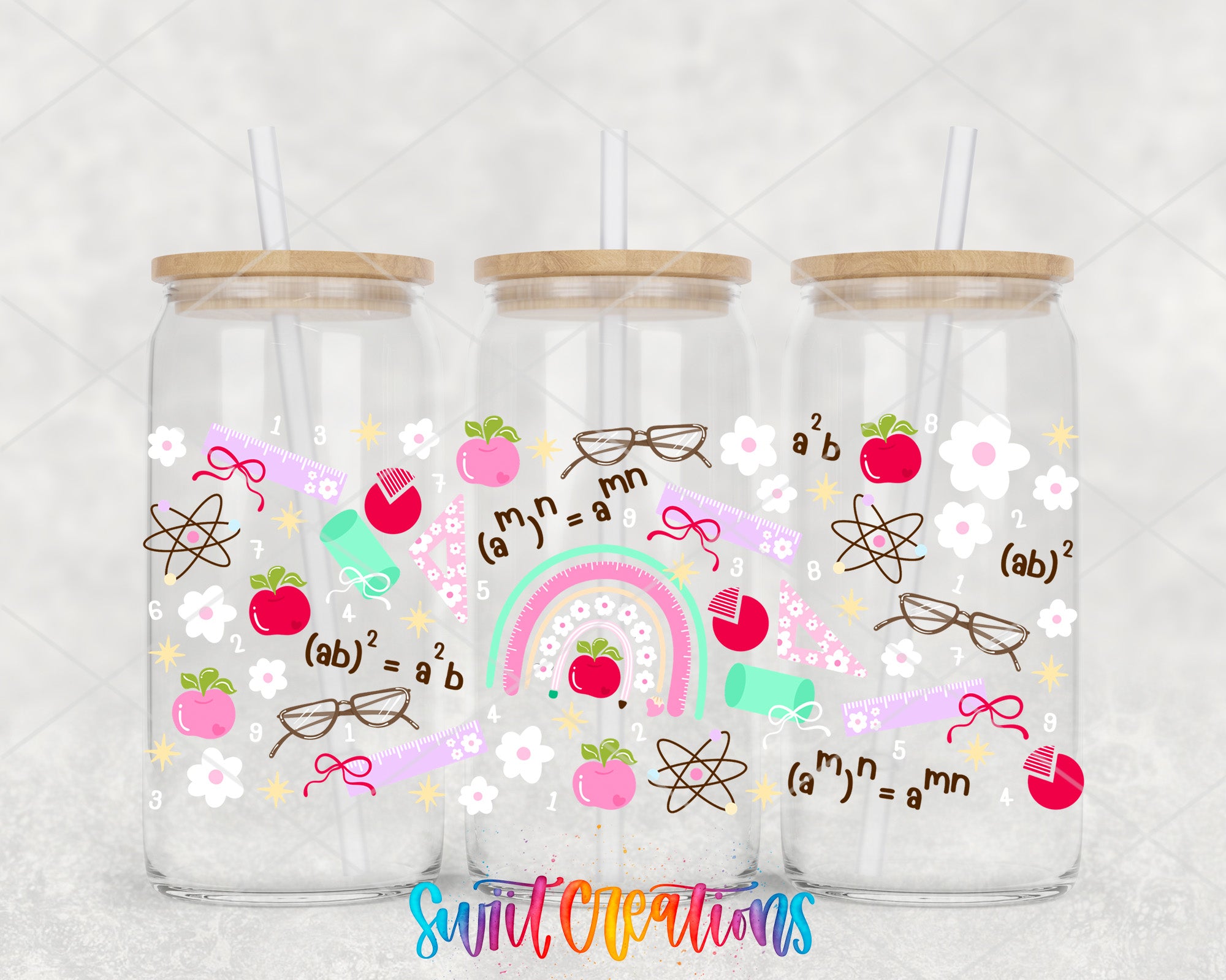 three glass jars with colorful designs and illustrations related to science and math, including apples, glasses, and various scientific symbols.