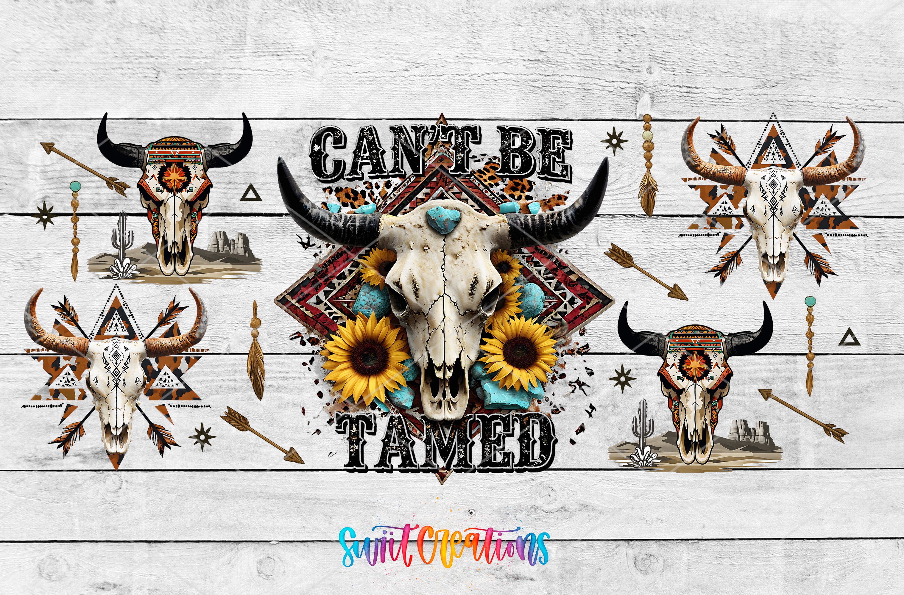 The image is a collage featuring various buffalo and sunflower motifs, along with the text "Can't be tamed".