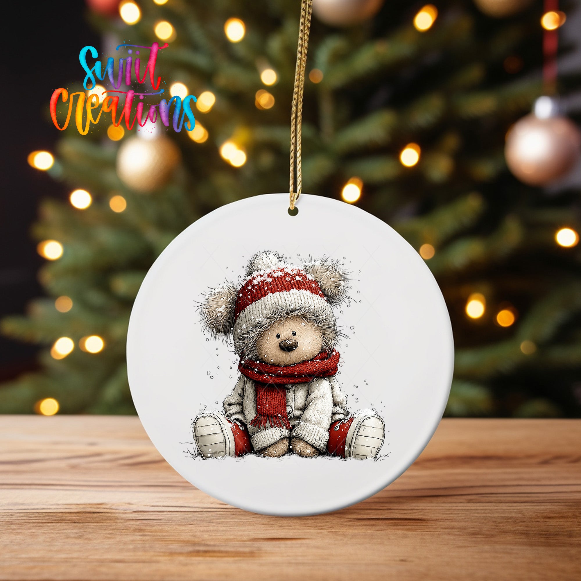 A white ceramic ornament featuring a teddy bear wearing a red scarf and hat, sitting on a wooden surface with a blurred background of a Christmas tree and colorful lights.