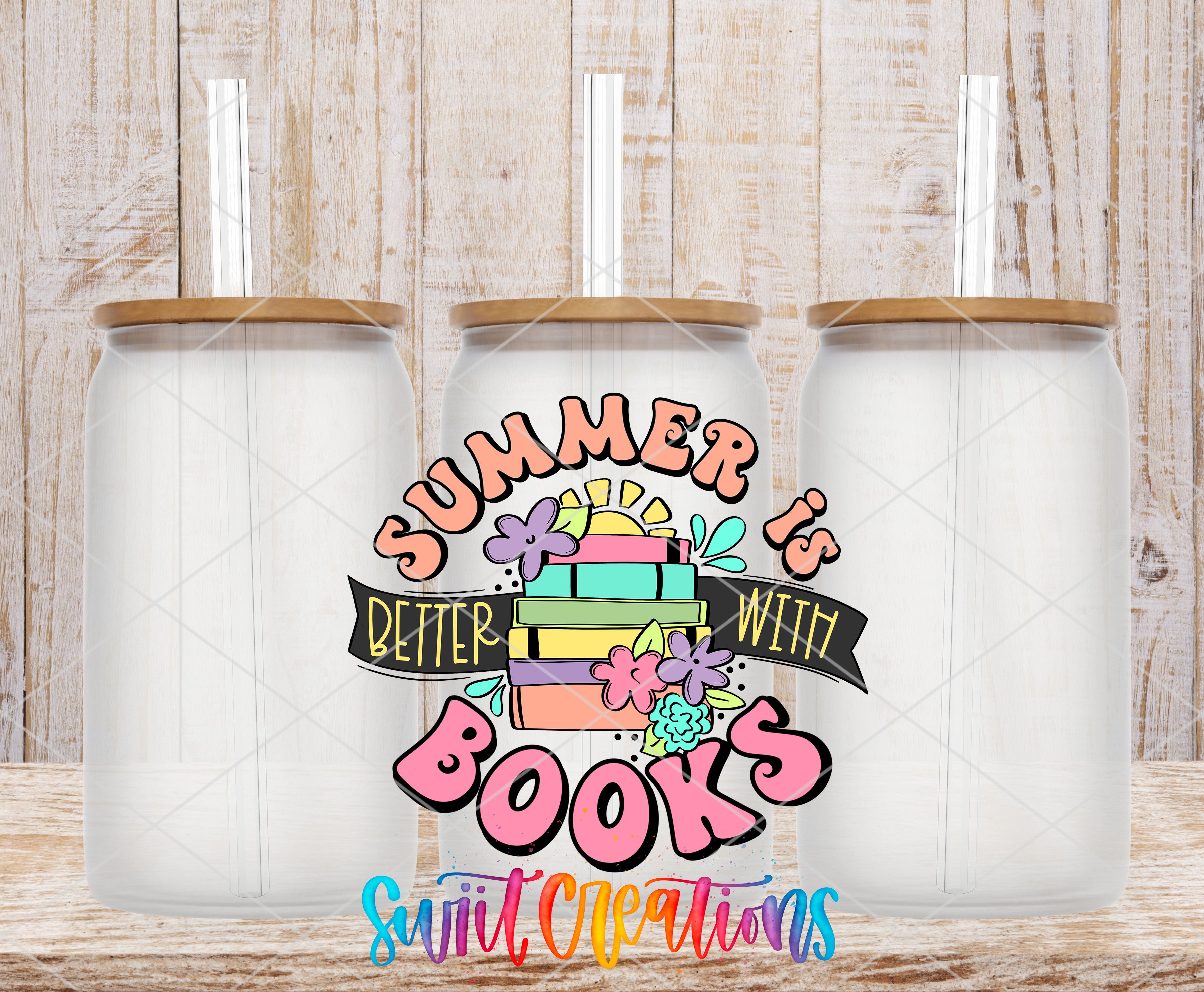 three clear glass jars with lids, arranged in a row against a wooden background. The jars have colorful labels that say "Summer is better with books".
