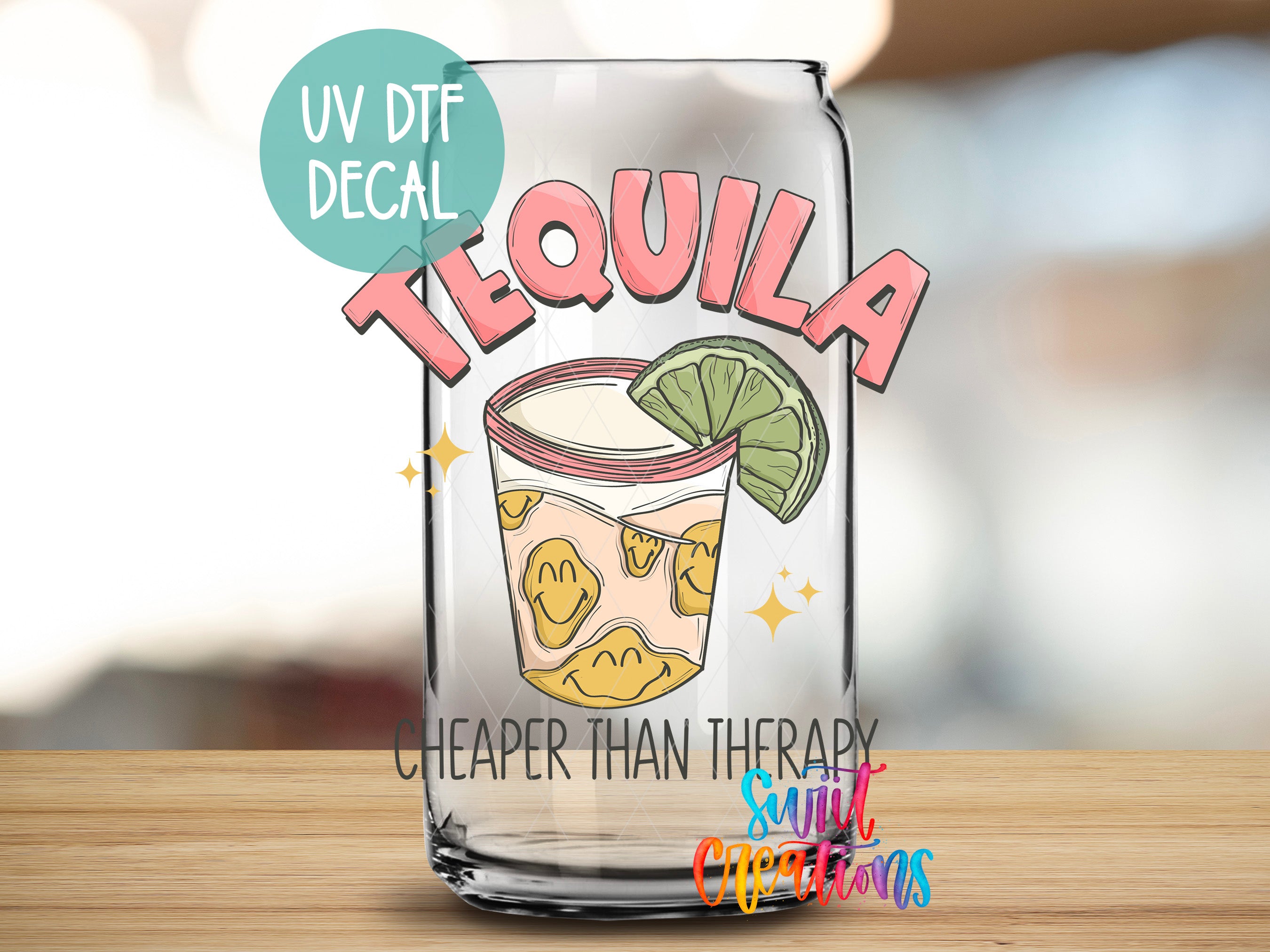 a glass with a picture of a drink with a lime on it