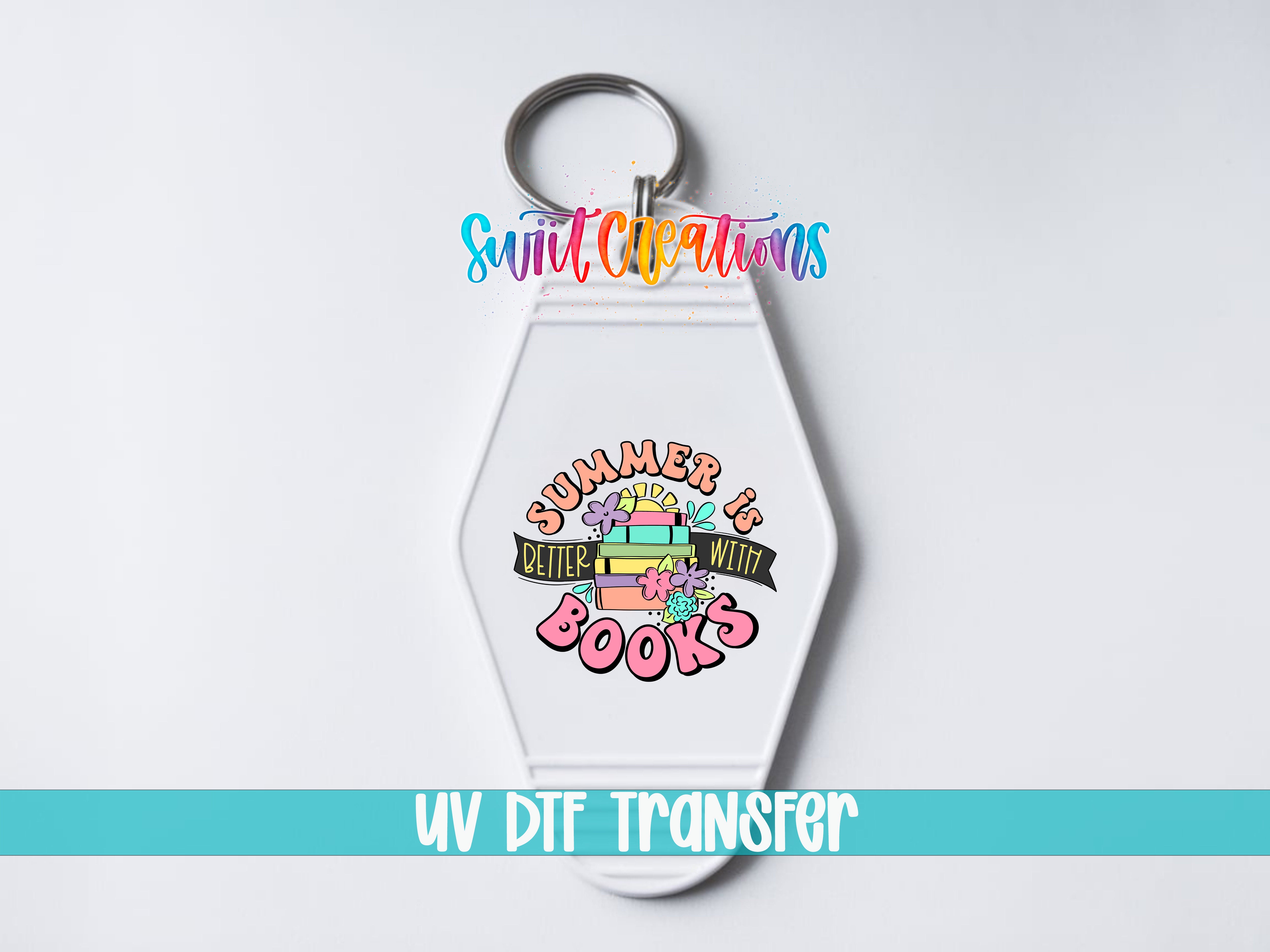 A keychain with a colorful design featuring a book and the text "Summer is better with books" printed on it.