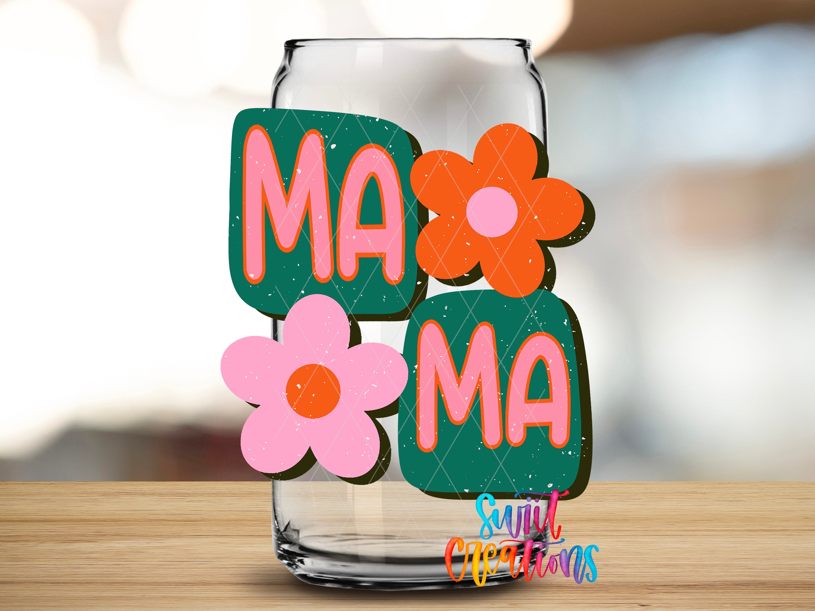 A glass jar with the word "MA" written on it, surrounded by colorful flower-shaped cutouts.