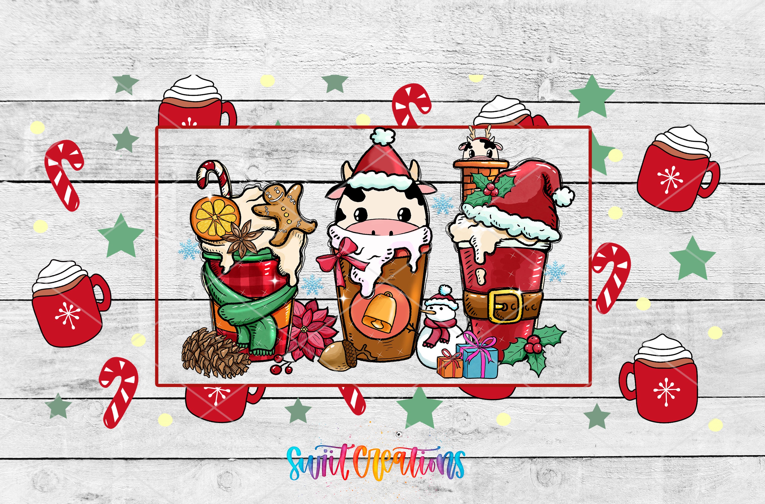 A festive Christmas-themed illustration featuring three cartoon cow characters, each wearing a Santa hat, surrounded by various holiday-themed items such as mugs, candy canes, and a gingerbread man.