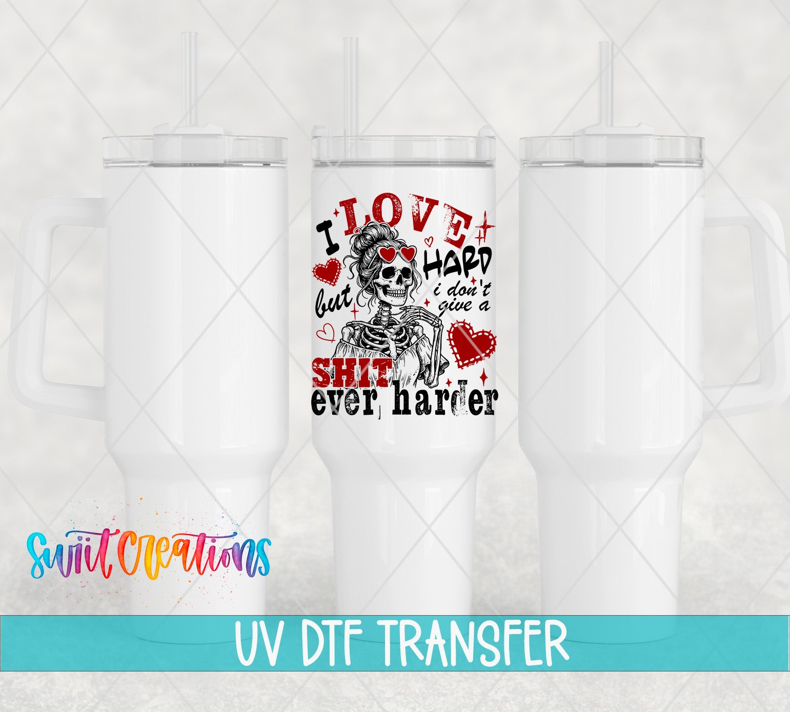 a white ceramic mug with a printed design on it, including a skeleton and text that says "I LOVE but it's HARD but I DON'T give a SHIT ever harder".