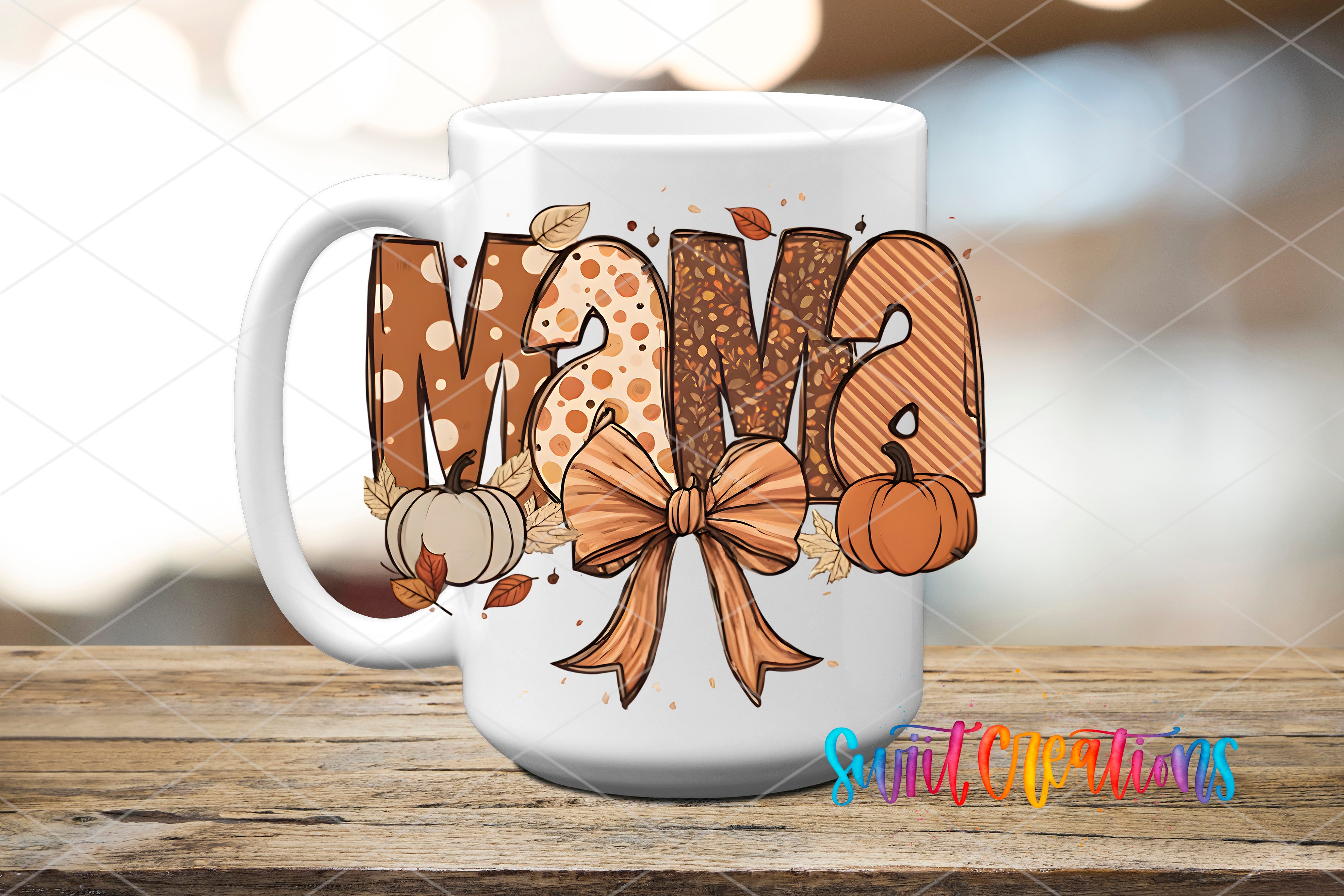 A white mug with the word "Mama" written on it, surrounded by autumn-themed elements such as pumpkins and leaves.