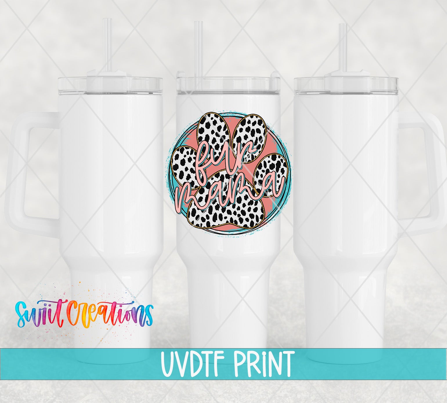 three white tumblers with a printed design on them, including a paw print and the text "I'm a mom".