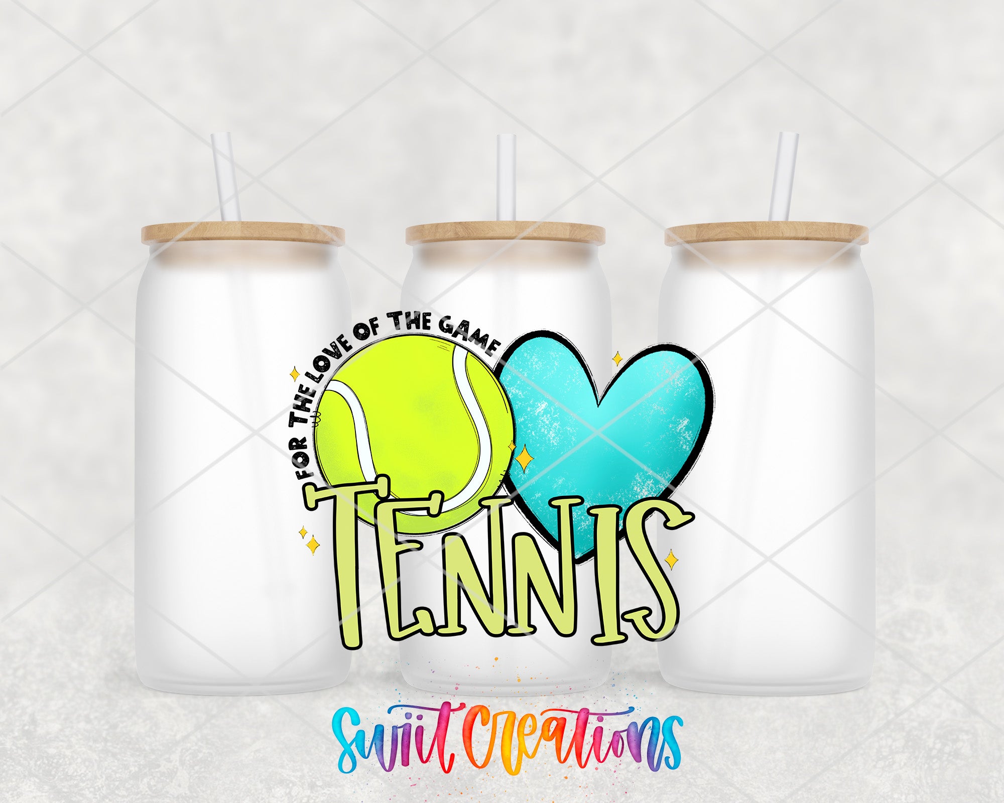three white canisters with straws, each containing a tennis ball and a heart. The text "Tennis" is prominently displayed in the center of the image.