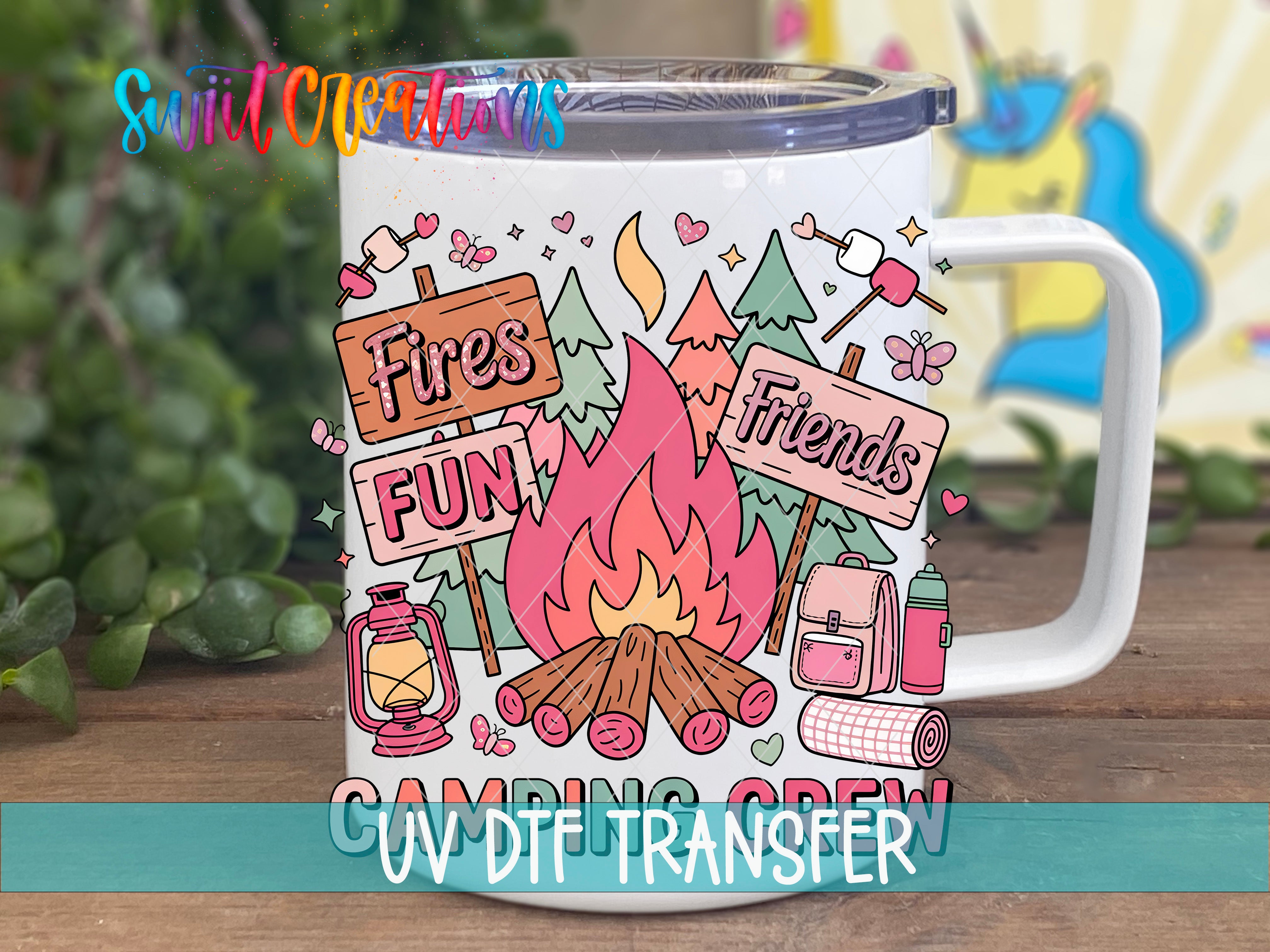 A white mug with a colorful illustration of camping-related items, including a campfire, tent, backpack, and other camping gear. The mug has a handle and a lid, and the text "Fires Fun Friends Camping Crew" is printed on it.
