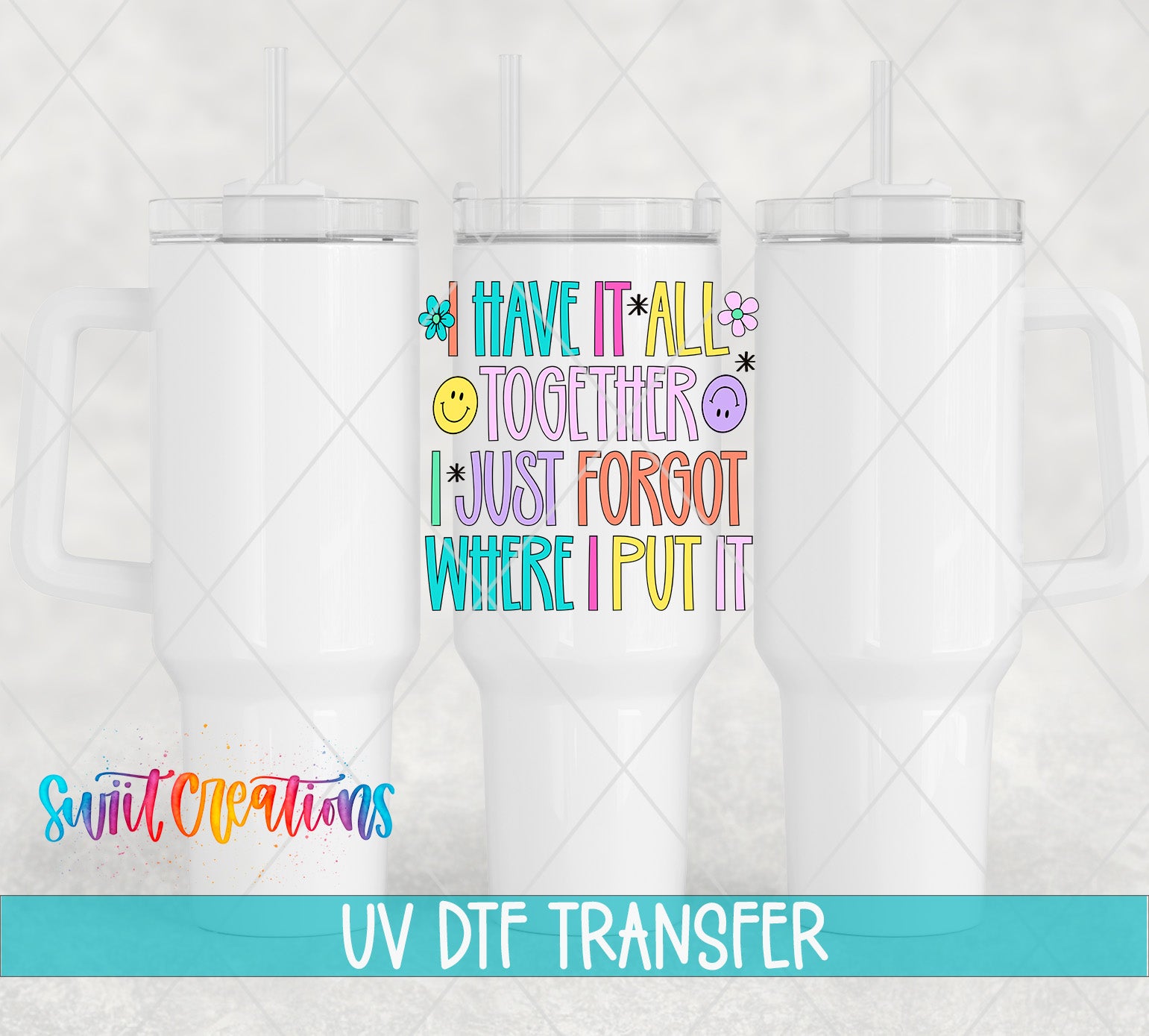 three white tumblers with colorful text and illustrations on them.