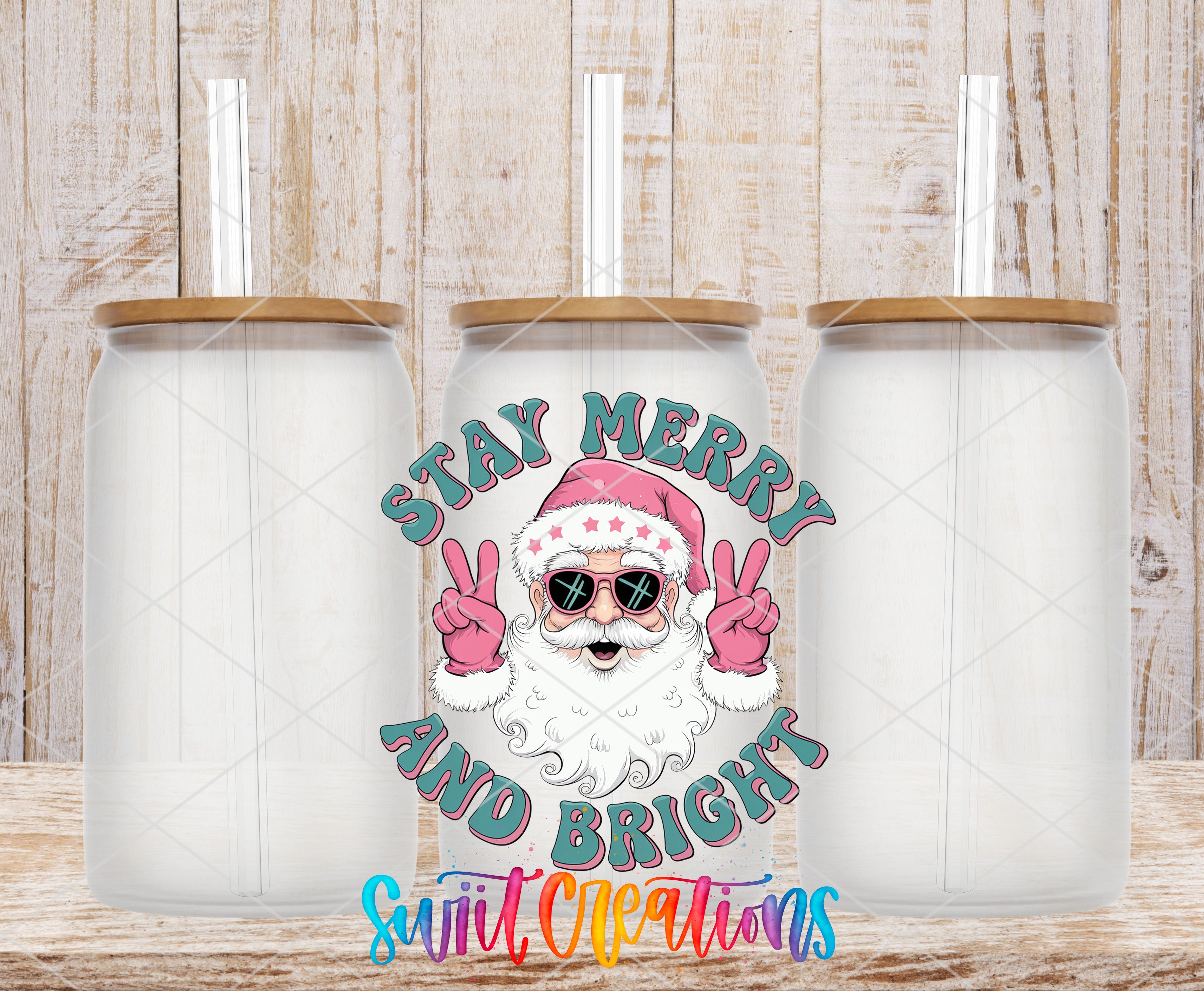 a collage of three empty glass jars with straws, each with a lid, and a colorful graphic design in the center. The design includes a cartoon Santa Claus character with sunglasses and a peace sign, surrounded by the text "Stay Merry and Bright".