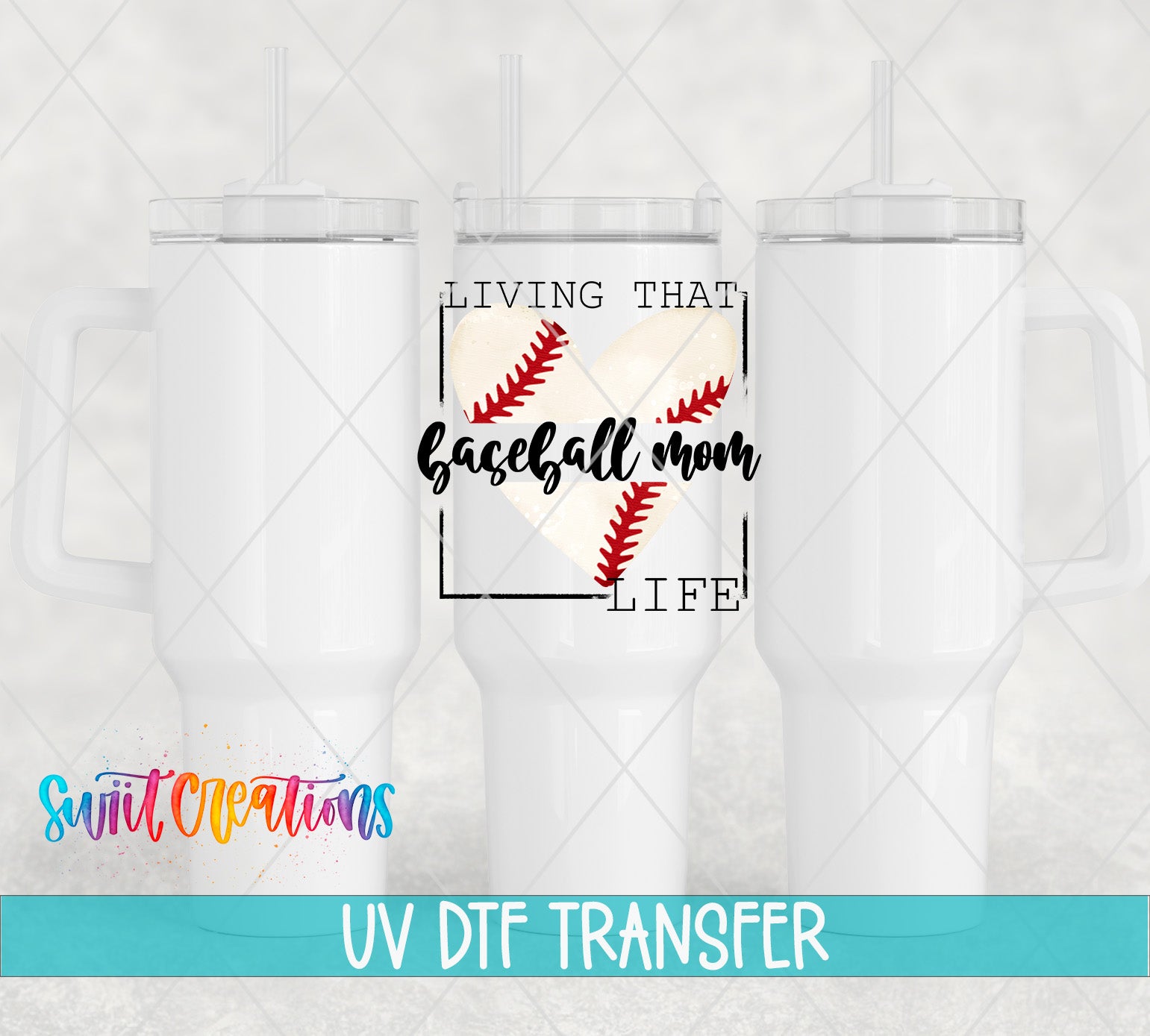three white tumblers with a baseball design and text, along with a watermark that says "UV Dtf Transfer".