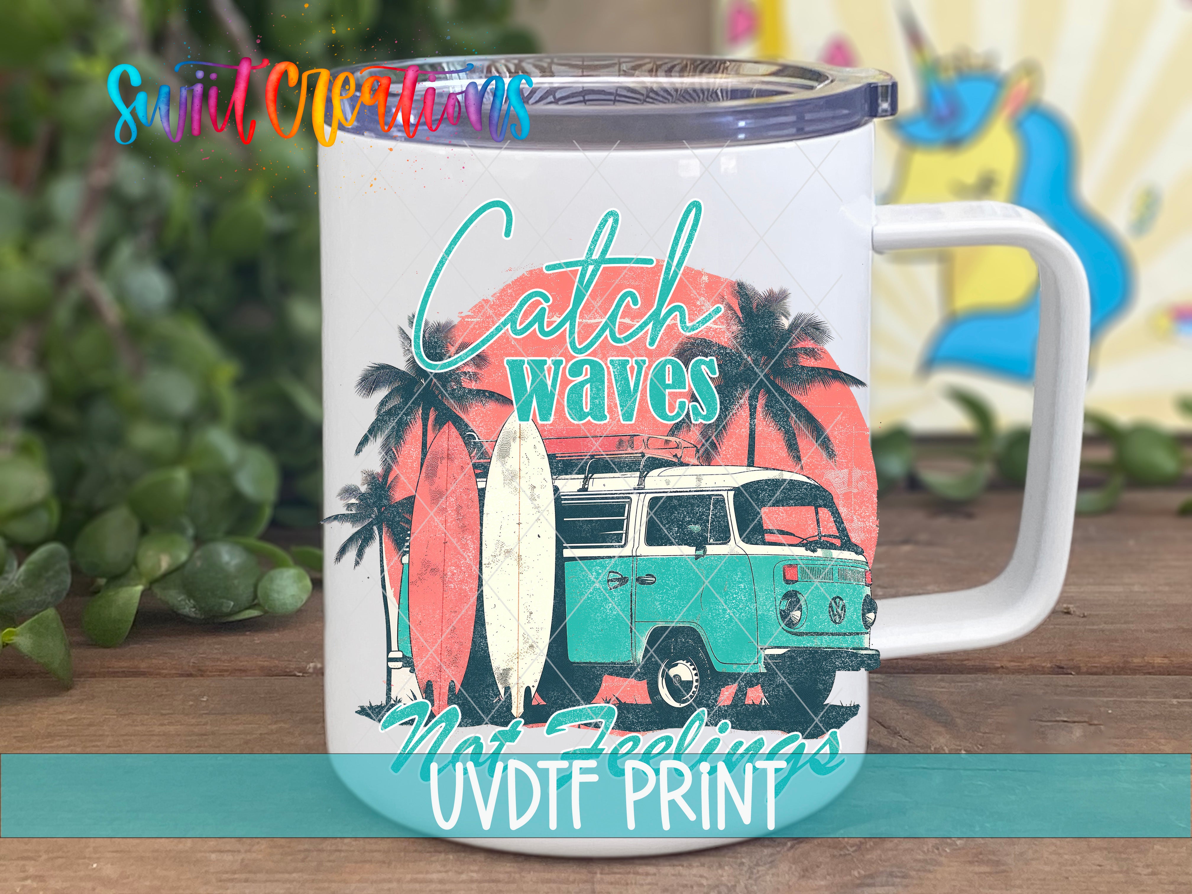 A white mug with a graphic design featuring a surfboard, palm trees, and a van, along with the text "Catch Waves" and "Not Feelings" printed on it.