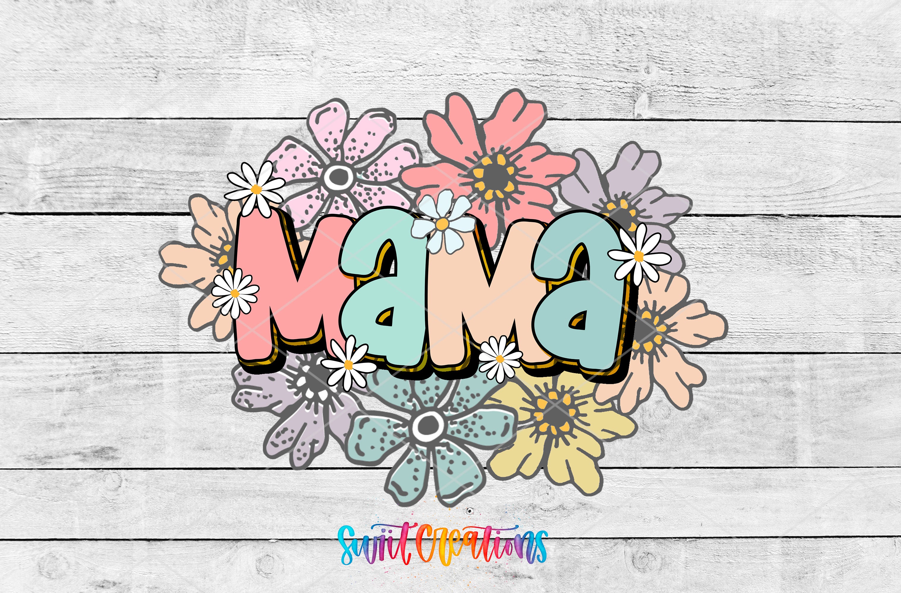 A colorful floral design with the word "Mama" prominently displayed in the center, surrounded by various pastel-colored flowers.
