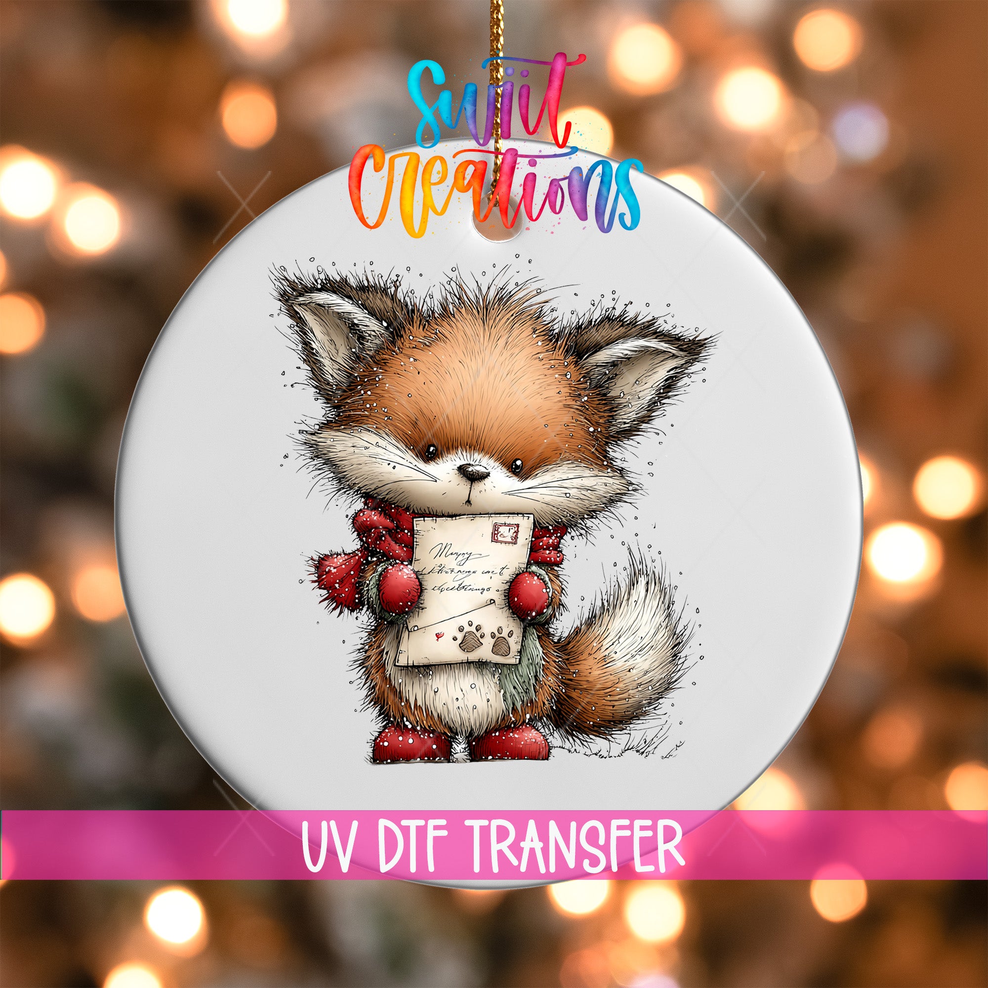 A ceramic ornament featuring a cartoon fox holding a letter, with a colorful background and text indicating it is a UV DFT transfer.