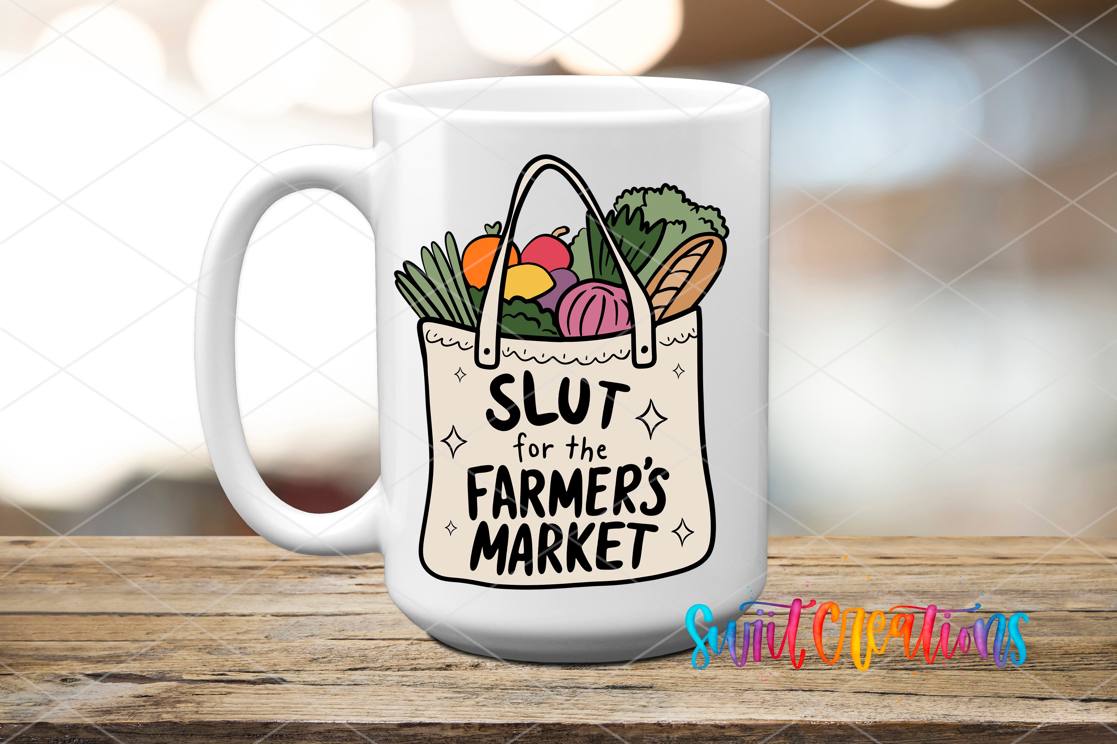 A white mug with a graphic design depicting a bag filled with various fruits and vegetables, along with the text "SLUT for the FARMERS MARKET".