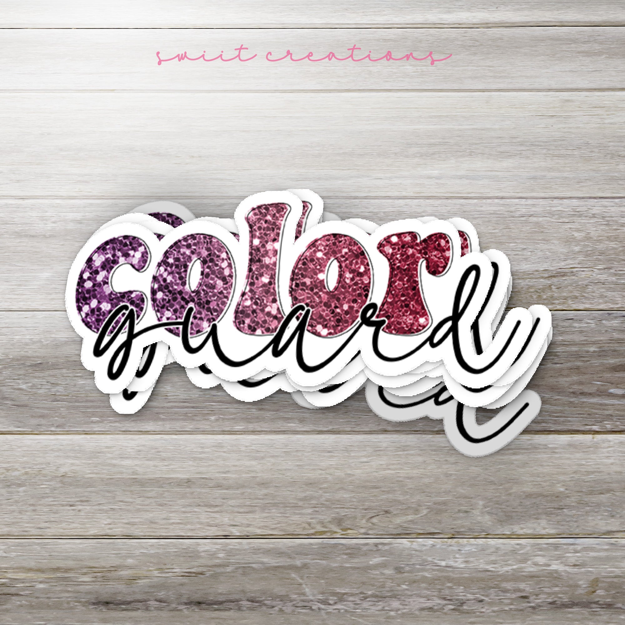 a wooden table with some stickers on it