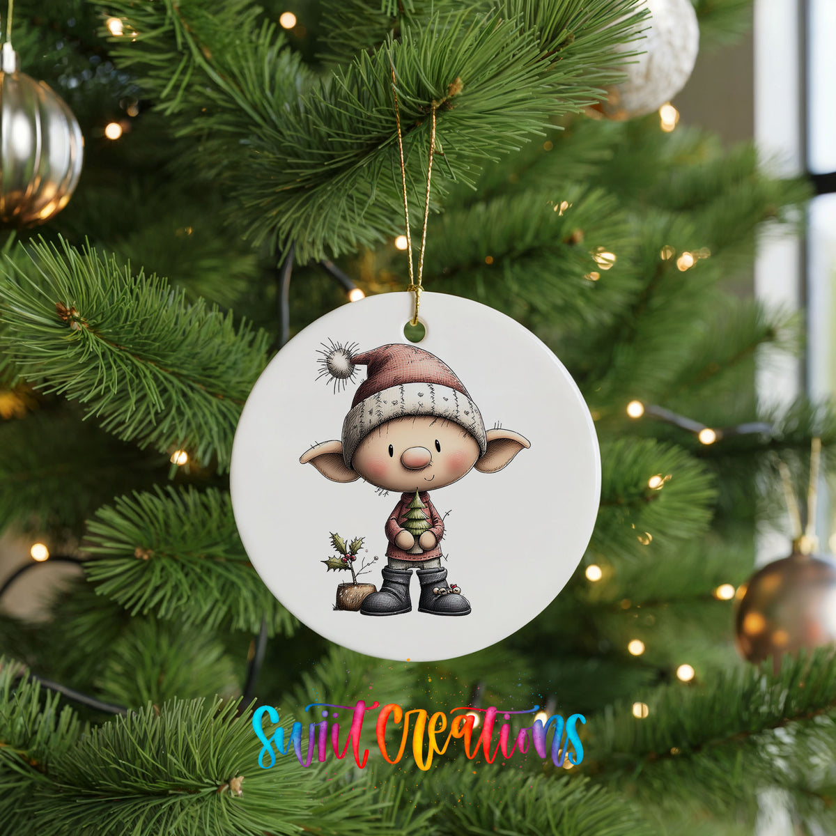 A white ceramic ornament featuring a cartoon elf wearing a hat and holding a small plant, hanging on a Christmas tree.