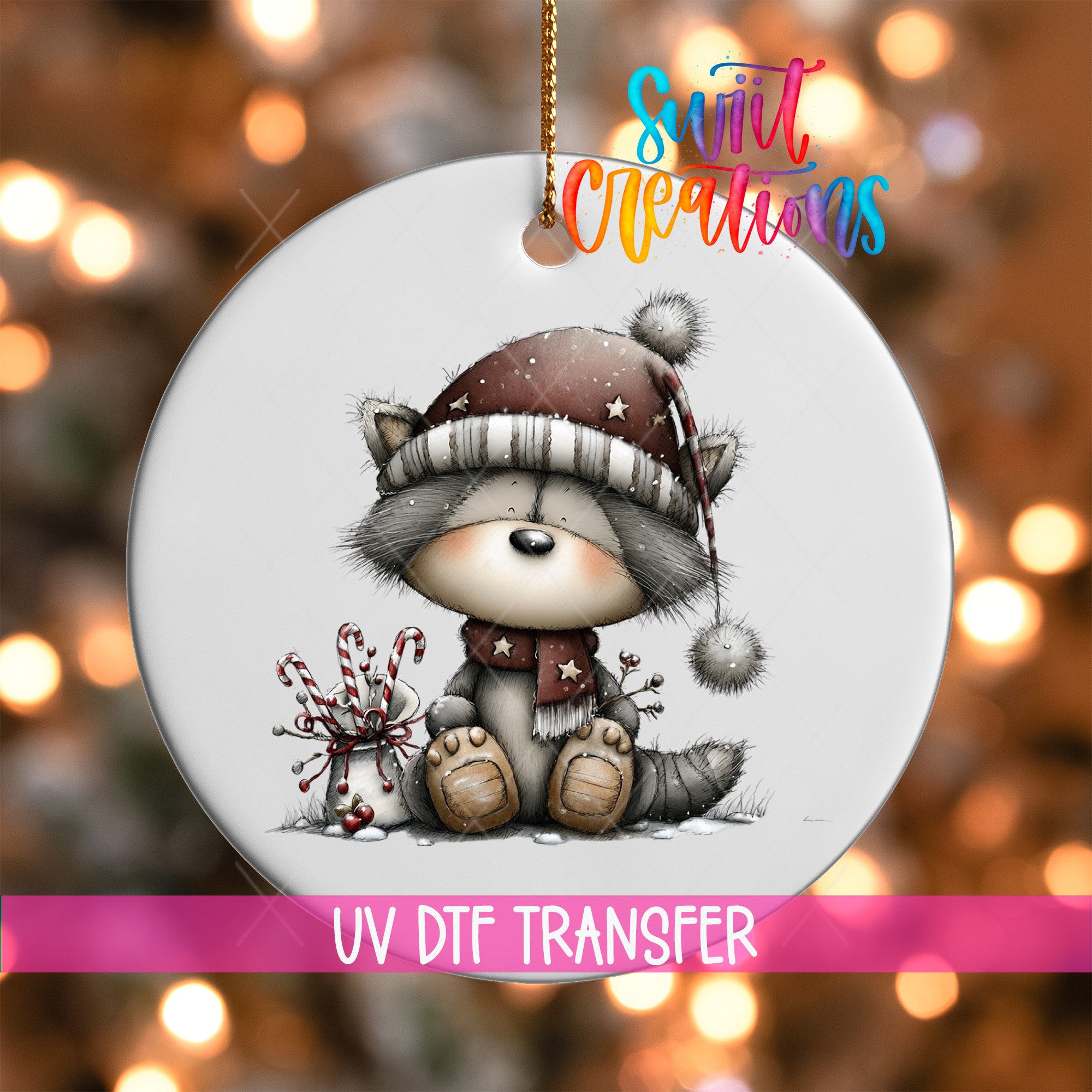 A ceramic ornament featuring a cute raccoon wearing a hat and scarf, sitting on the ground with a candy cane in its paws.