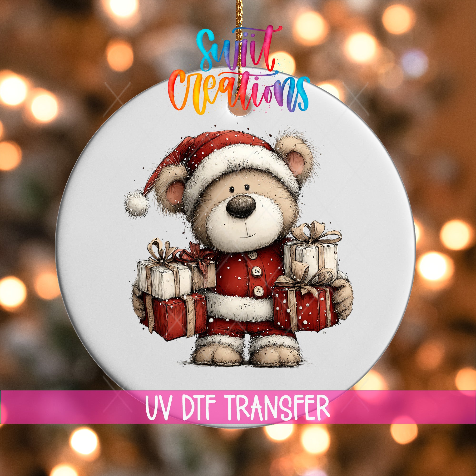 A white ornament with a teddy bear wearing a Santa hat and holding presents, set against a background of colorful lights.