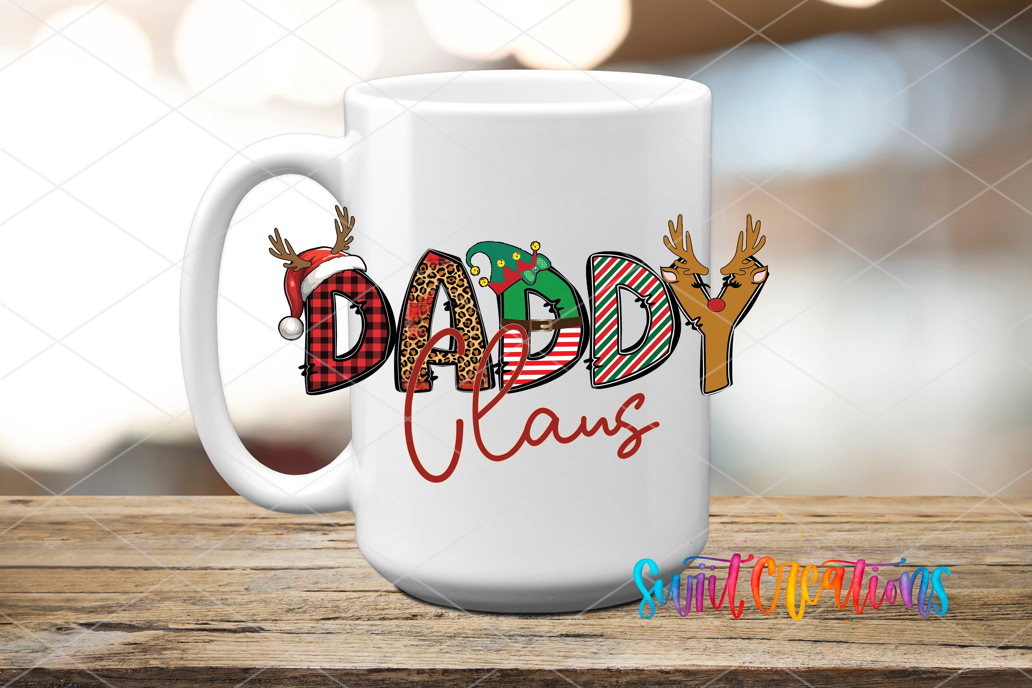 A white ceramic mug with the word "DADDY CLANS" written on it in a creative and colorful font.