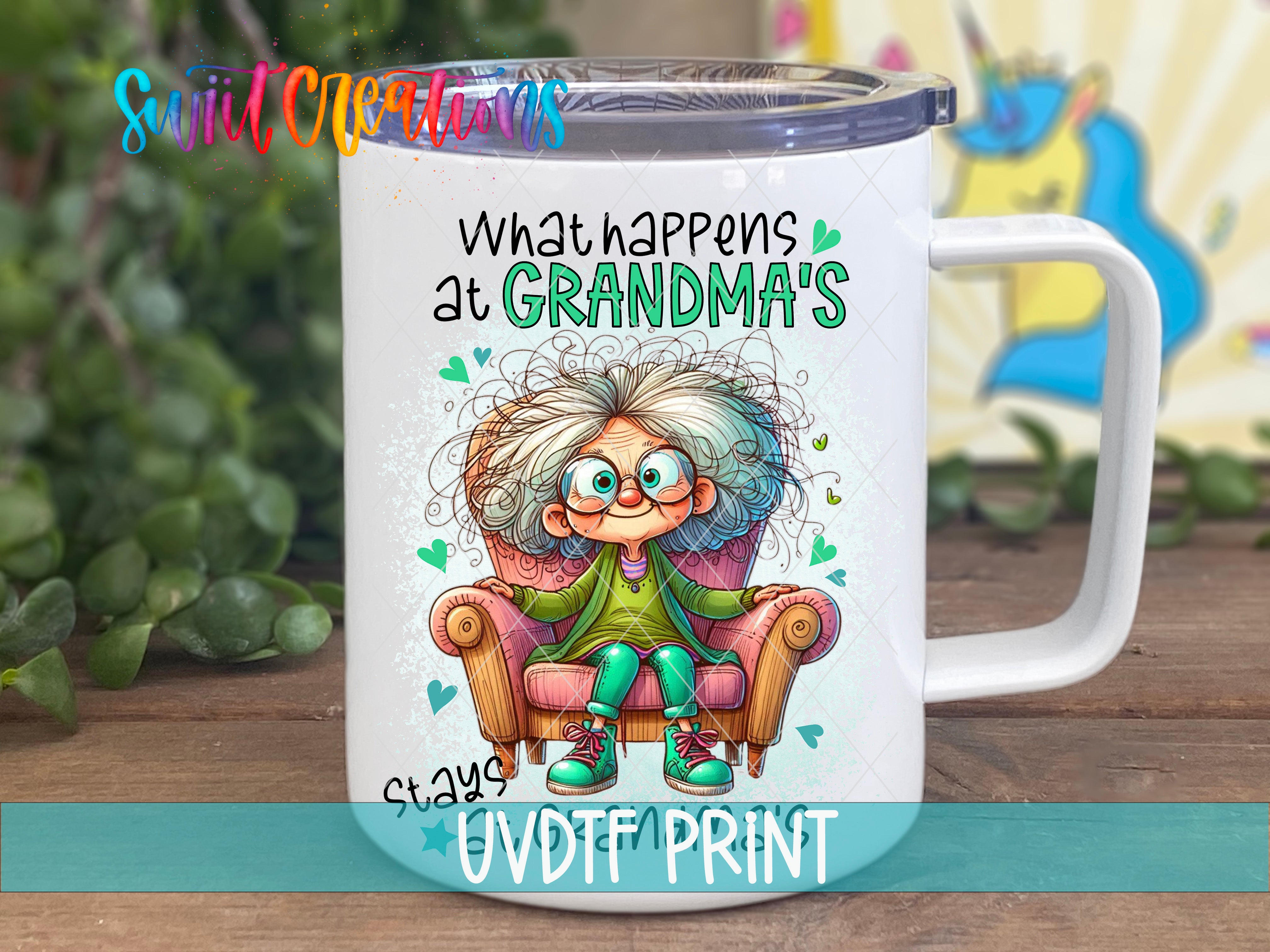 A white mug with a colorful illustration of a woman sitting in a chair, surrounded by various objects.