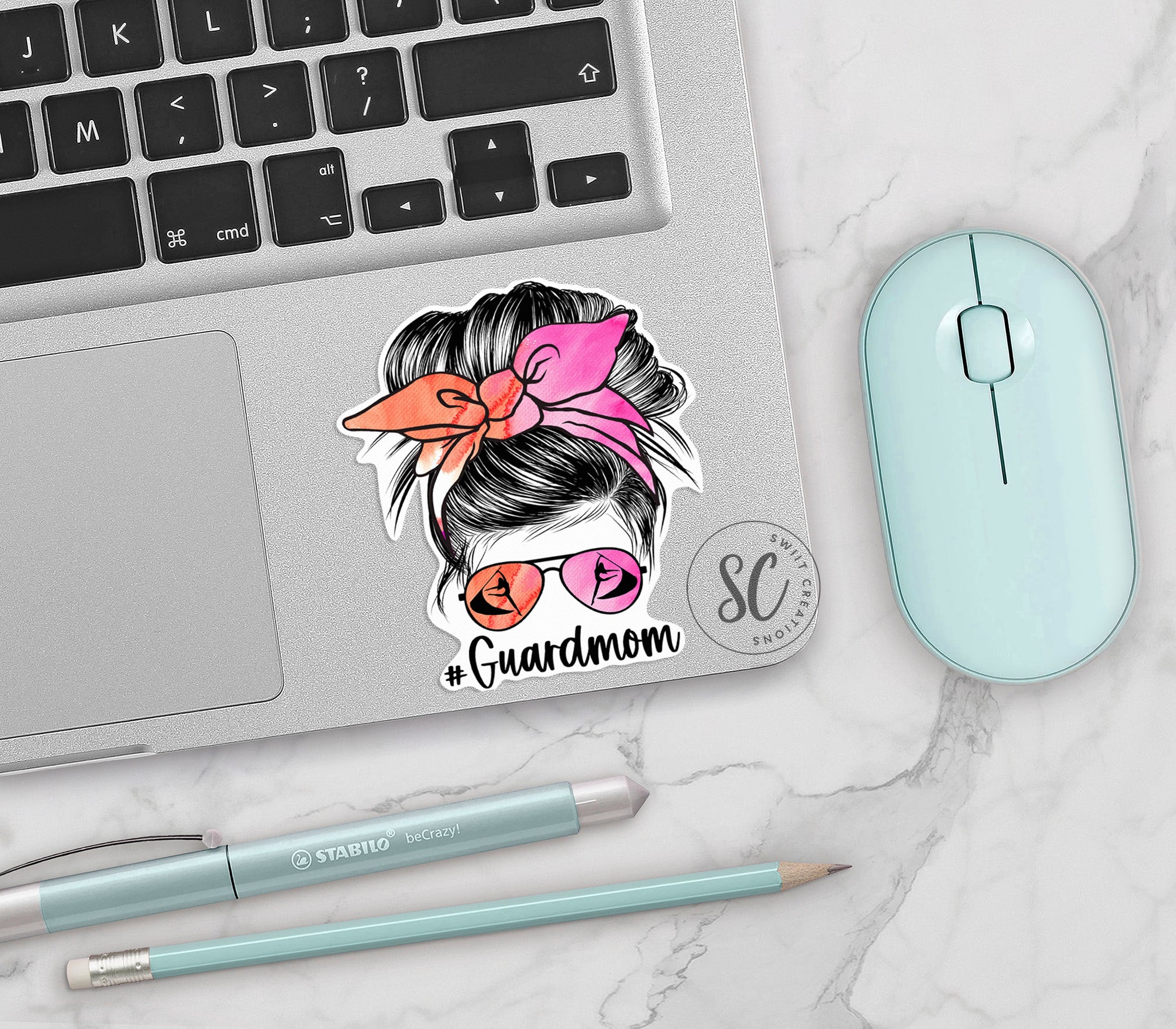 a sticker of a woman with a pink bow on her head