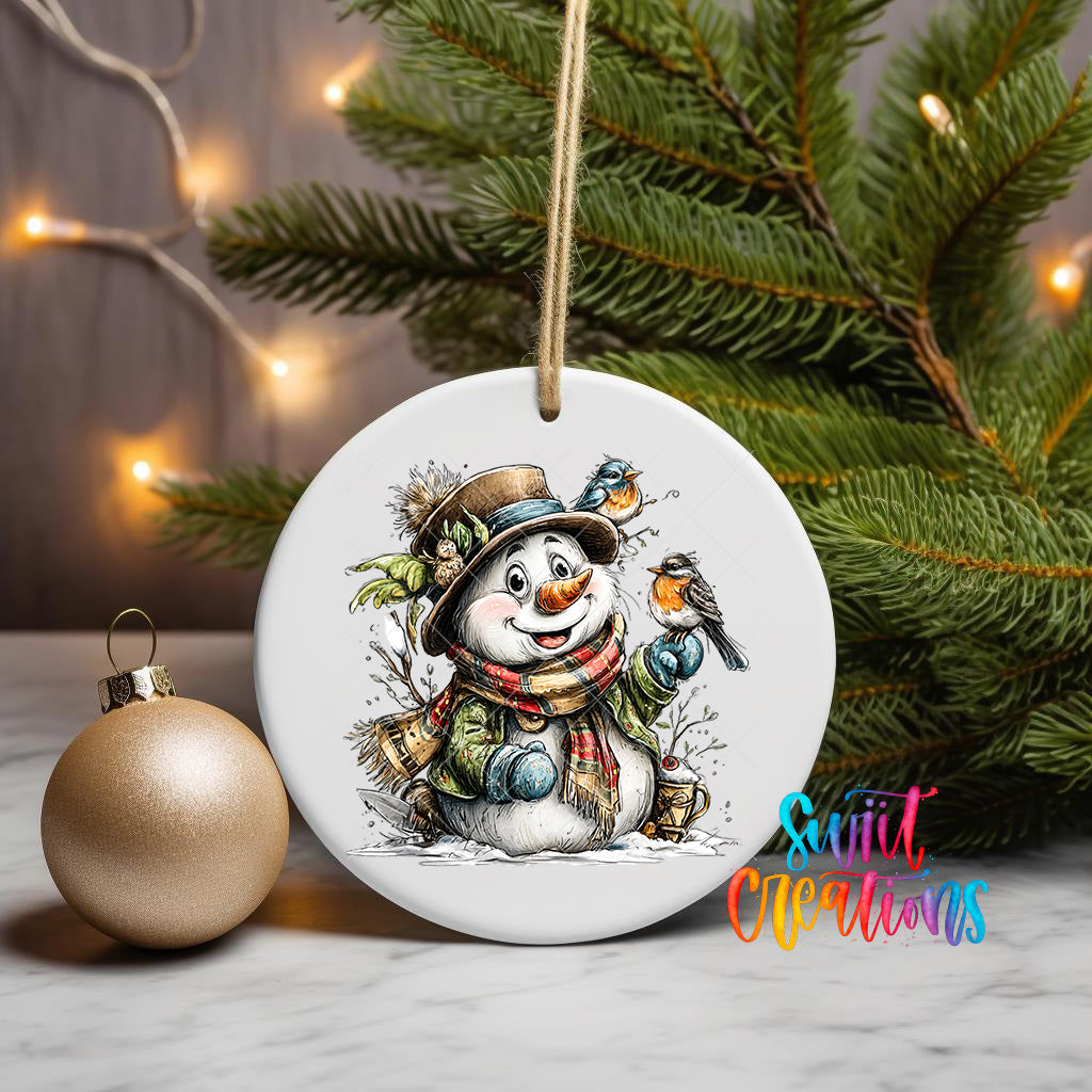 A white ceramic ornament featuring a snowman with a bird perched on its shoulder, surrounded by a festive Christmas tree and twinkling lights.