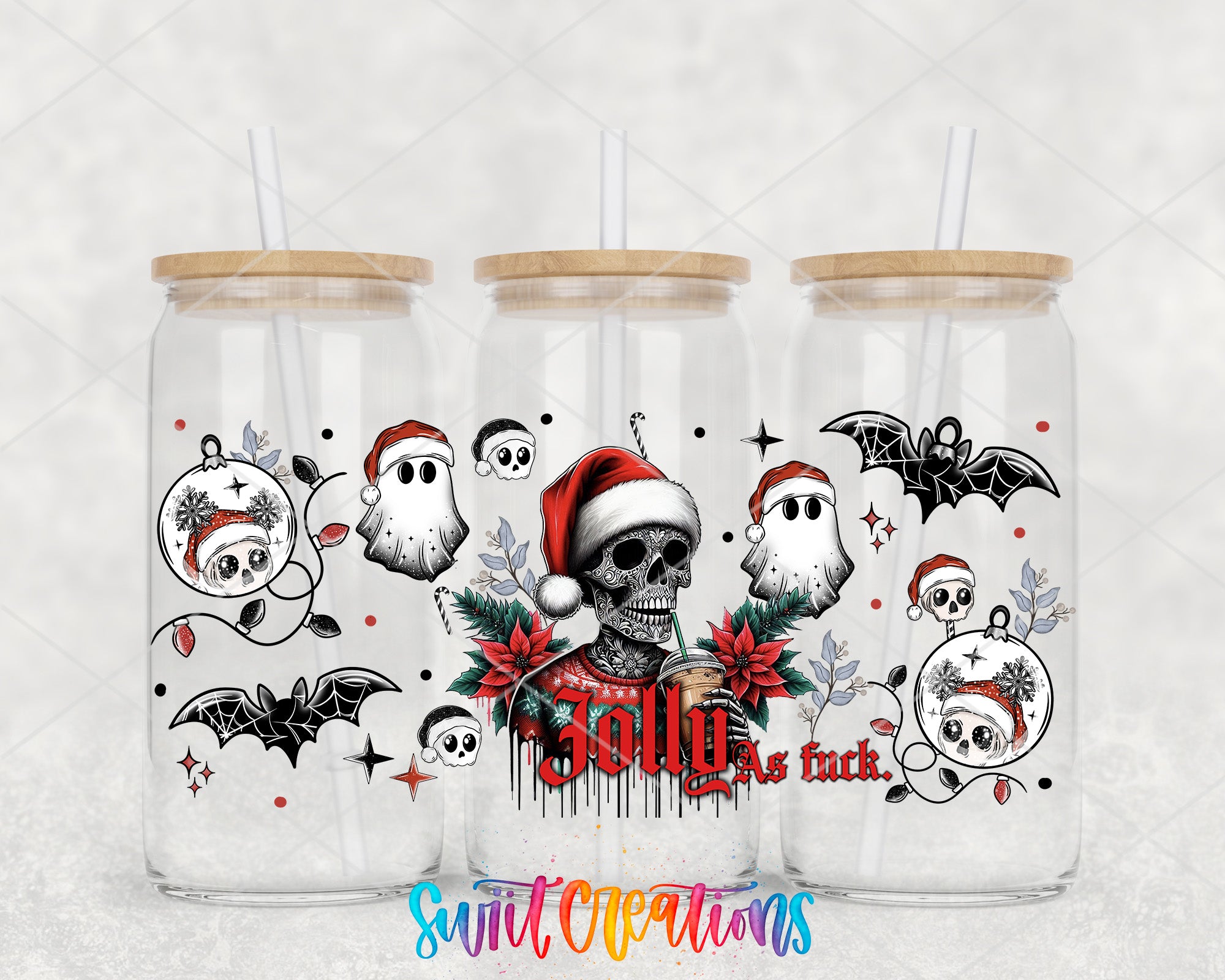 A trio of glass tumblers with a Halloween-themed design on them. The design includes a skull wearing a Santa hat, bats, and ghostly figures. The text "Jolly as fuck" is also visible on the tumblers.