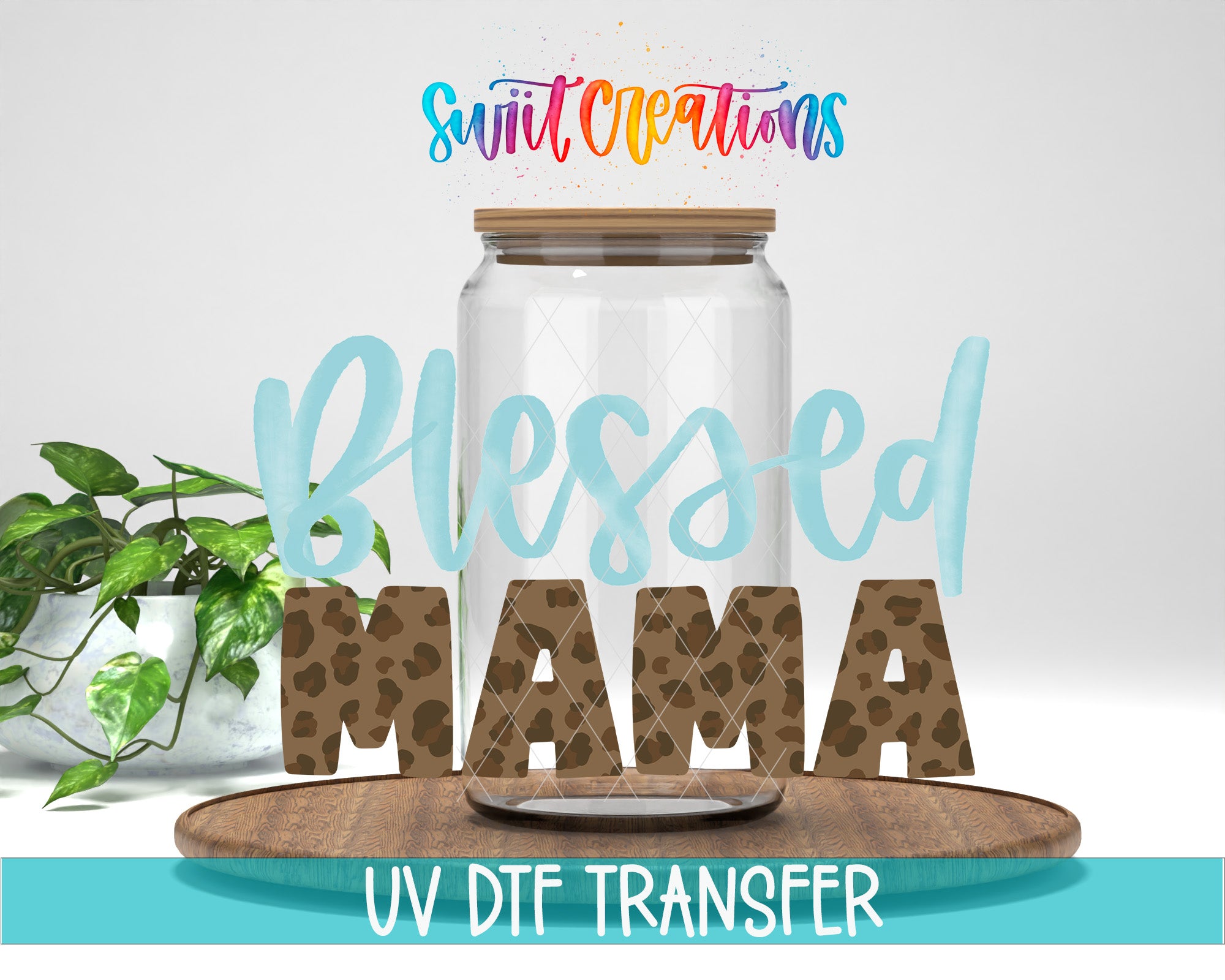 A glass jar with a leopard print design, surrounded by the text "Blessed MAMA" and "UV DFT Transfer" against a white background.