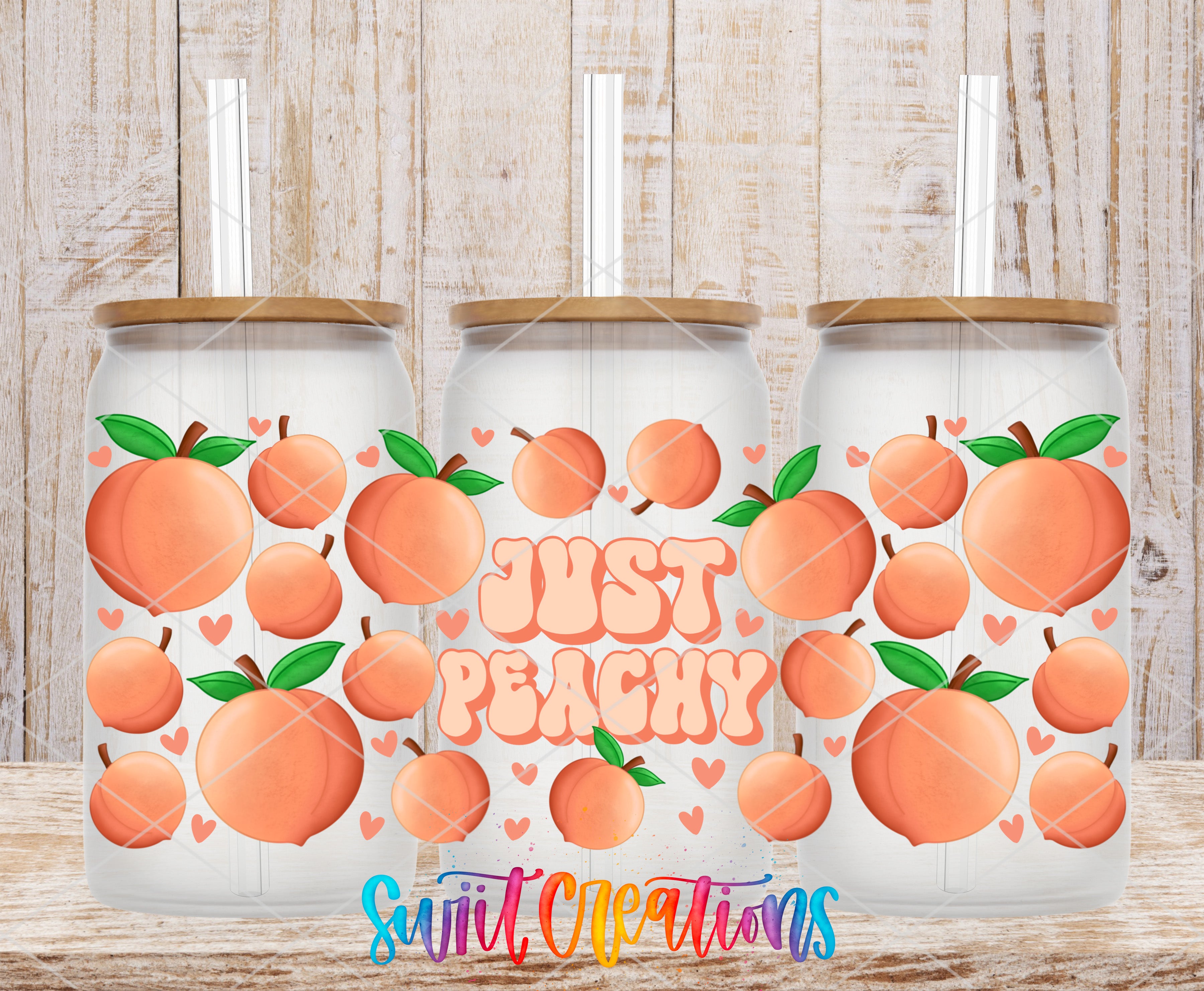 three glass jars with peach designs and the text "Just Peachy" printed on them.
