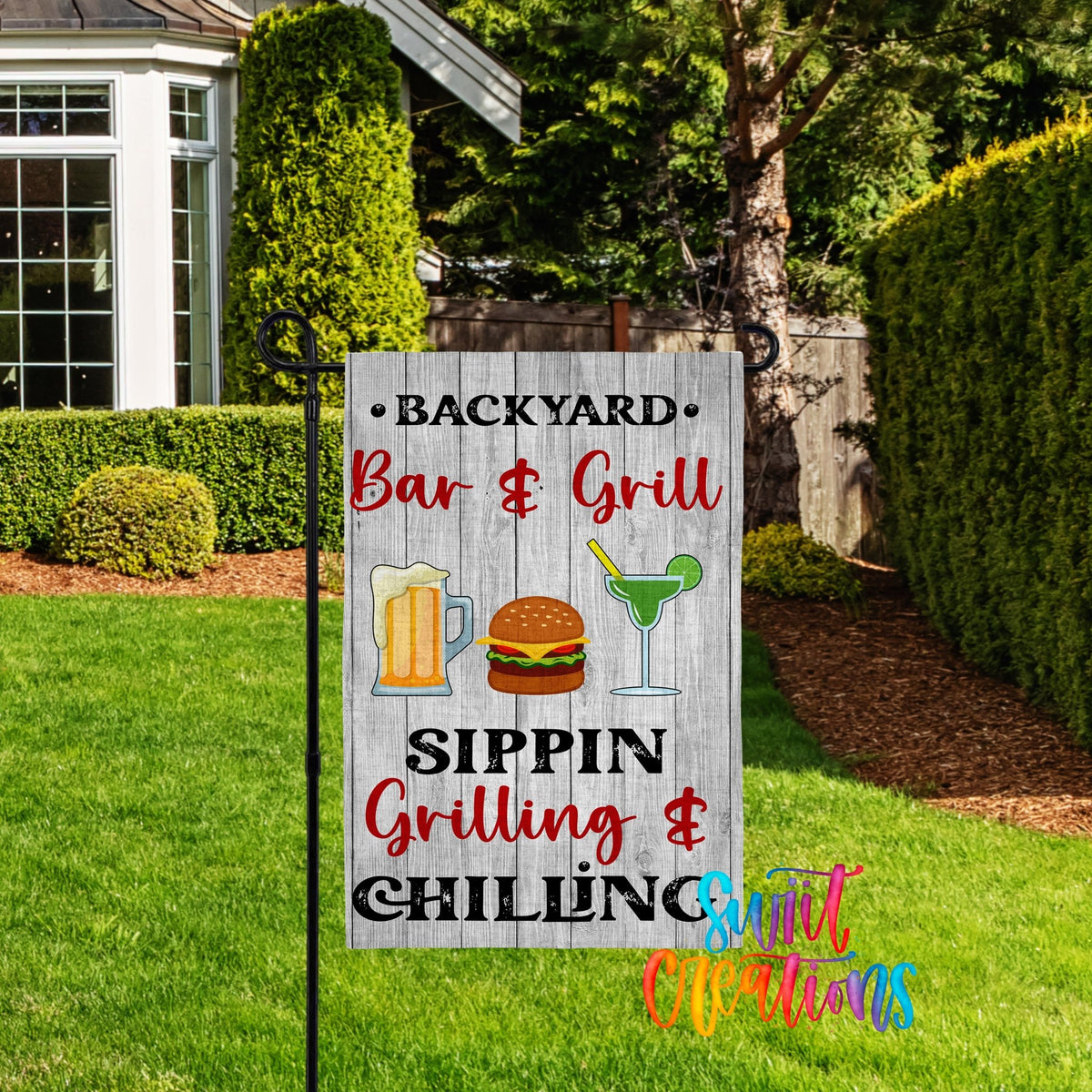 Backyard Bar & Grill Yard Flag | BBQ Garden Flag | Sippin Grilling & Chilling Outdoor Decor | Patio Party Flag | YF71 - Swiit Creations