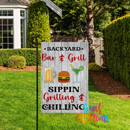 Backyard Bar & Grill Yard Flag | BBQ Garden Flag | Sippin Grilling & Chilling Outdoor Decor | Patio Party Flag | YF71 - Swiit Creations