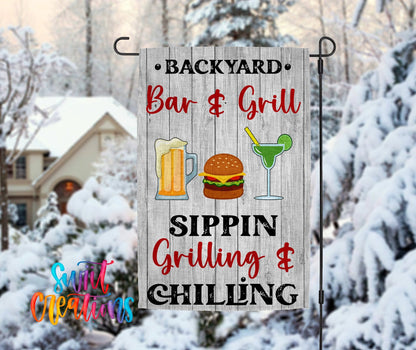 Backyard Bar & Grill Yard Flag | BBQ Garden Flag | Sippin Grilling & Chilling Outdoor Decor | Patio Party Flag | YF71 - Swiit Creations