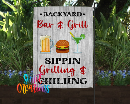 Backyard Bar & Grill Yard Flag | BBQ Garden Flag | Sippin Grilling & Chilling Outdoor Decor | Patio Party Flag | YF71 - Swiit Creations